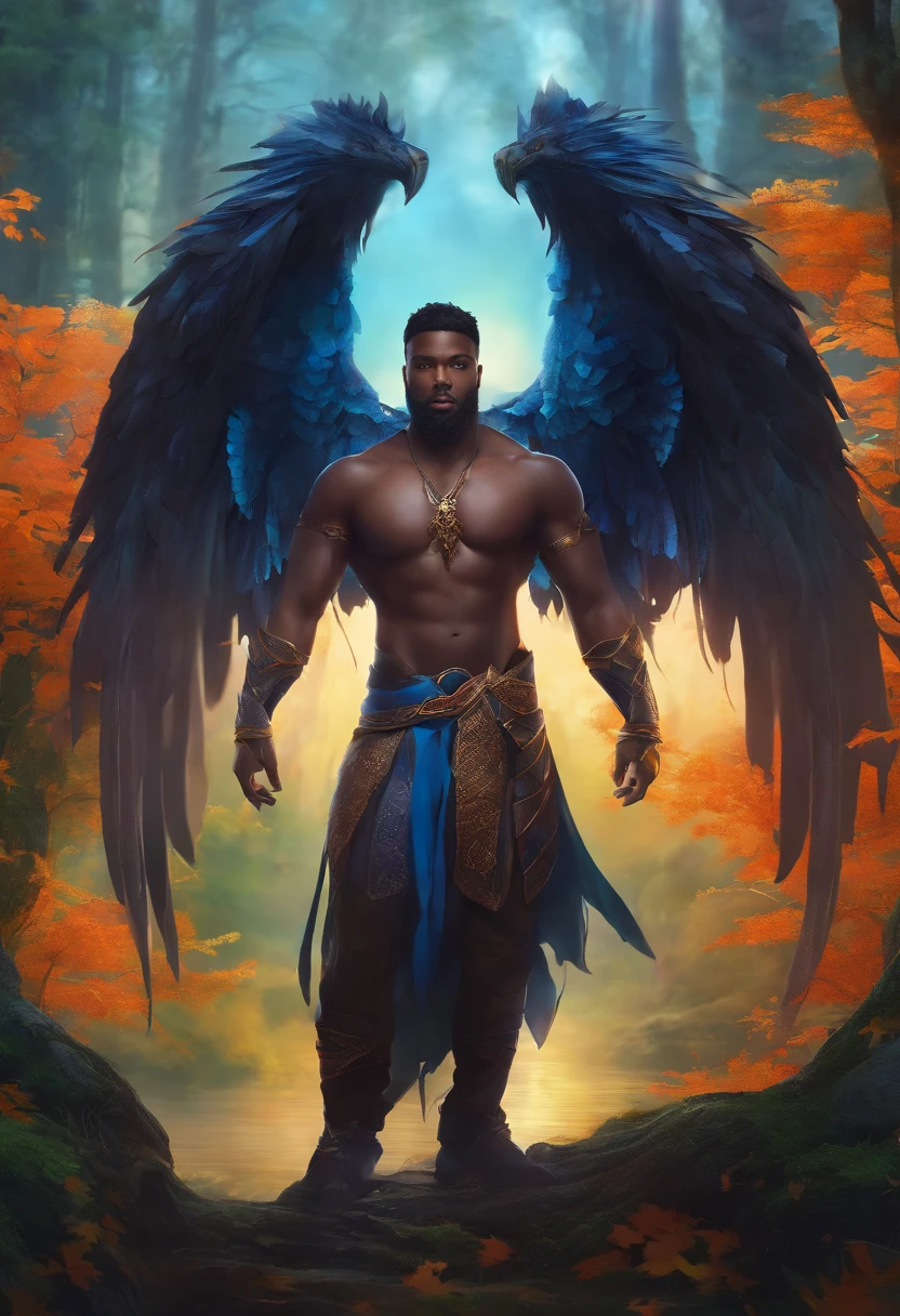 Black Demon Beautiful Male Black Man with Blue and Orange Details, Large Wings, Forest in the Background, Vibrant Colors, Full Body, Detailed Face, Detailed Hands, Detailed Legs, Detailed Fingers, Detailed Hair, Detailed Eyes, Detailed Skin, Lush Vegetation Blurred Background, Vibrant Colors, Lush Light, Soft Light, Sunset Light, Smooth Light, Symmetrical, Full Body, Reflections, HDR Dynamic Lighting, 8K Resolution,  cinematic film, smooth, sharp focus, realistic, strobe light beams, ((blurred background)):1.7, (((depth of field)) ):1.8, cinestill 800t 35mm, high quality, heavy grain, high detail, cinematic composition, dramatic light, anamorphic, ultra wide lens, hyperrealistic