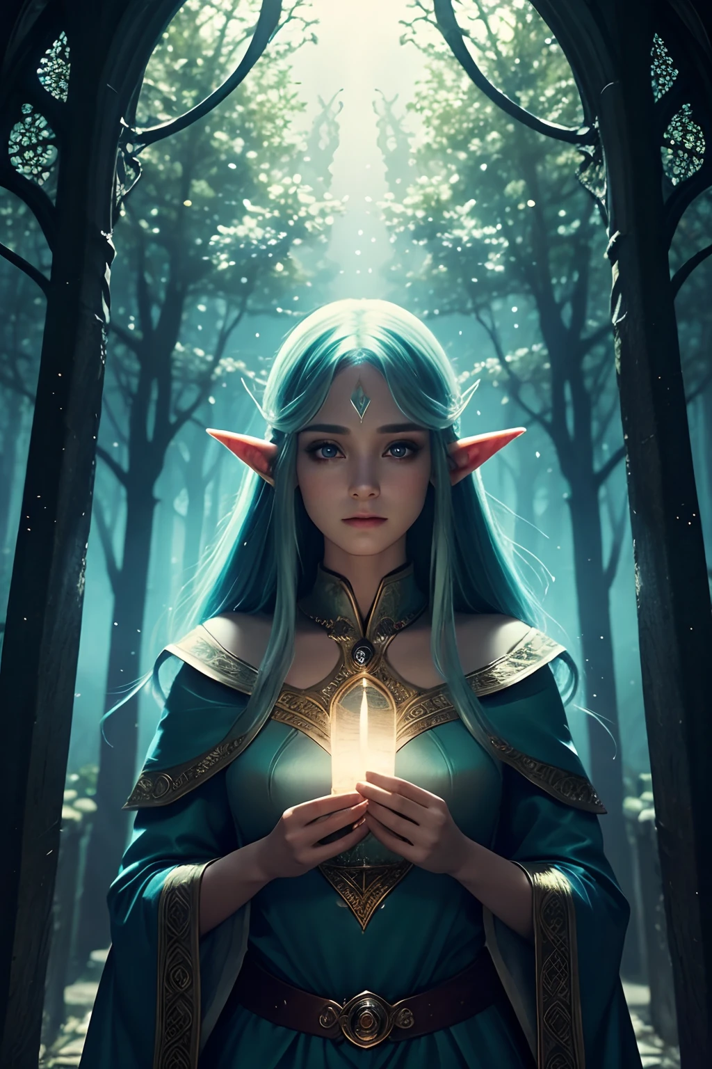 A beautiful fantasy elf, looks at the camera, symmetrical eyes, symmetrical face, mystical magical fantasy enchanted ethereal, cinematic shot, cinematic scene, stunning, breathtaking, a sense of magic in the air, magical fantasy, diffused lighting