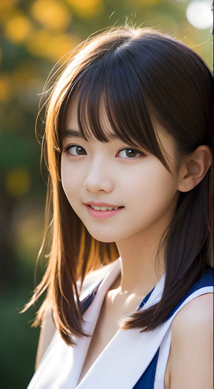 masutepiece, Best Quality, 8K, 10yaers old, Teen, Raw photo, absurderes, award winning portrait, Smile, Solo, Idol face, Delicate girl, Upper body, Digital SLR, Looking at Viewer, Candid, Sophisticated, Thin arms, Professional Lighting, Film grain, chromatic abberation, (Eyes and faces with detailed:1.0), (Bokeh:1.1) , Beautiful autumn leaves on the background , closes mouth , Sailor Uniform , A dark-haired , tiny chest
