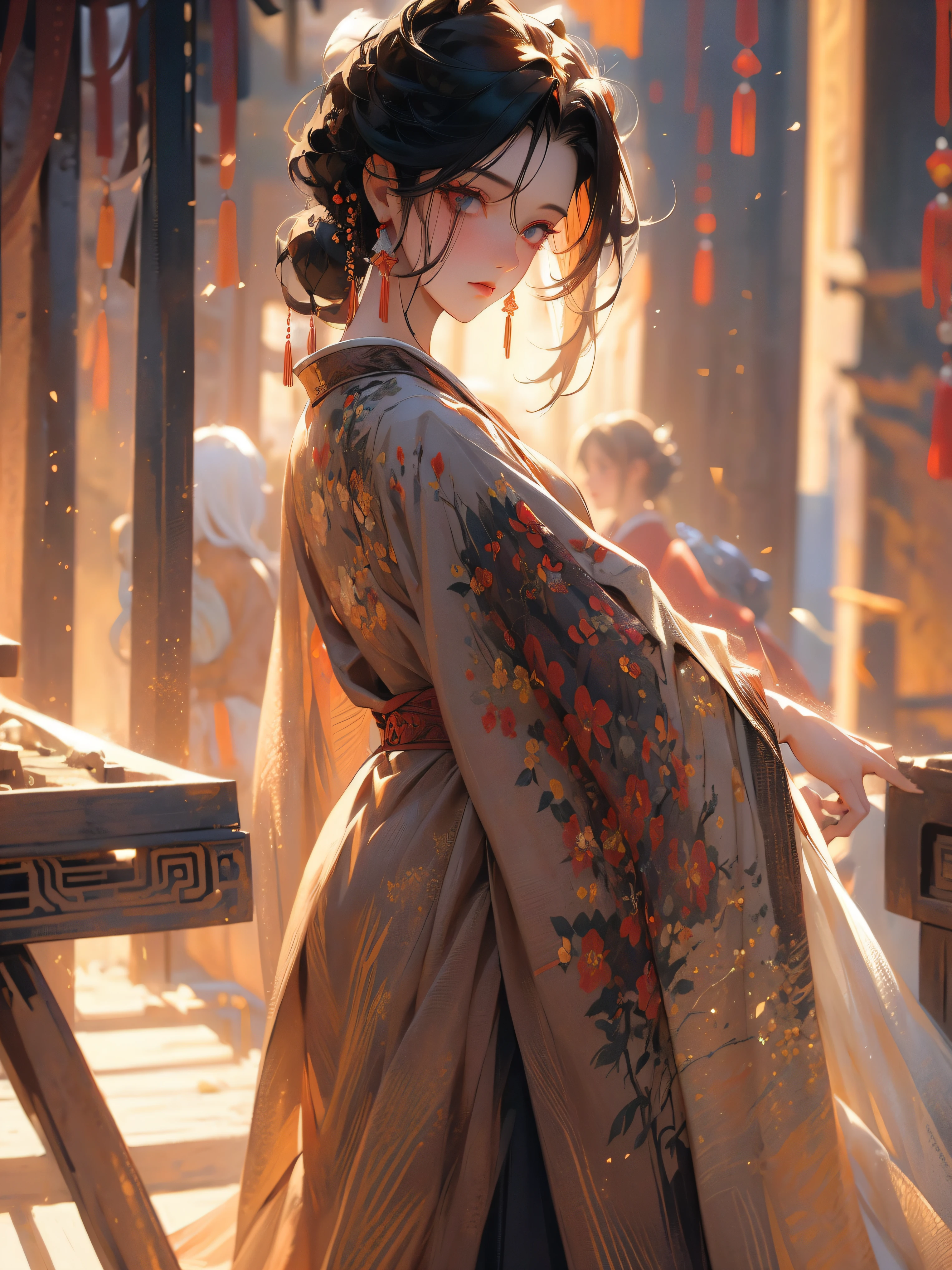 (masterpiece), best quality,top quality rich background, beautiful detailed hair ,{short hair with natural waves|Shaggy cut|Long bold side bangs|Sleek pixie cut|High top knot|Voluminous updo|Undercut},detailed face, 1 lady, solo, cowboy shot, perfect feminine face, very stunning woman, tangdynasty,traditional hanfu,off shoulders,white hair,red pupils,long eyelashes,blushing,mole under eyes,backlit,rim light,glow,
