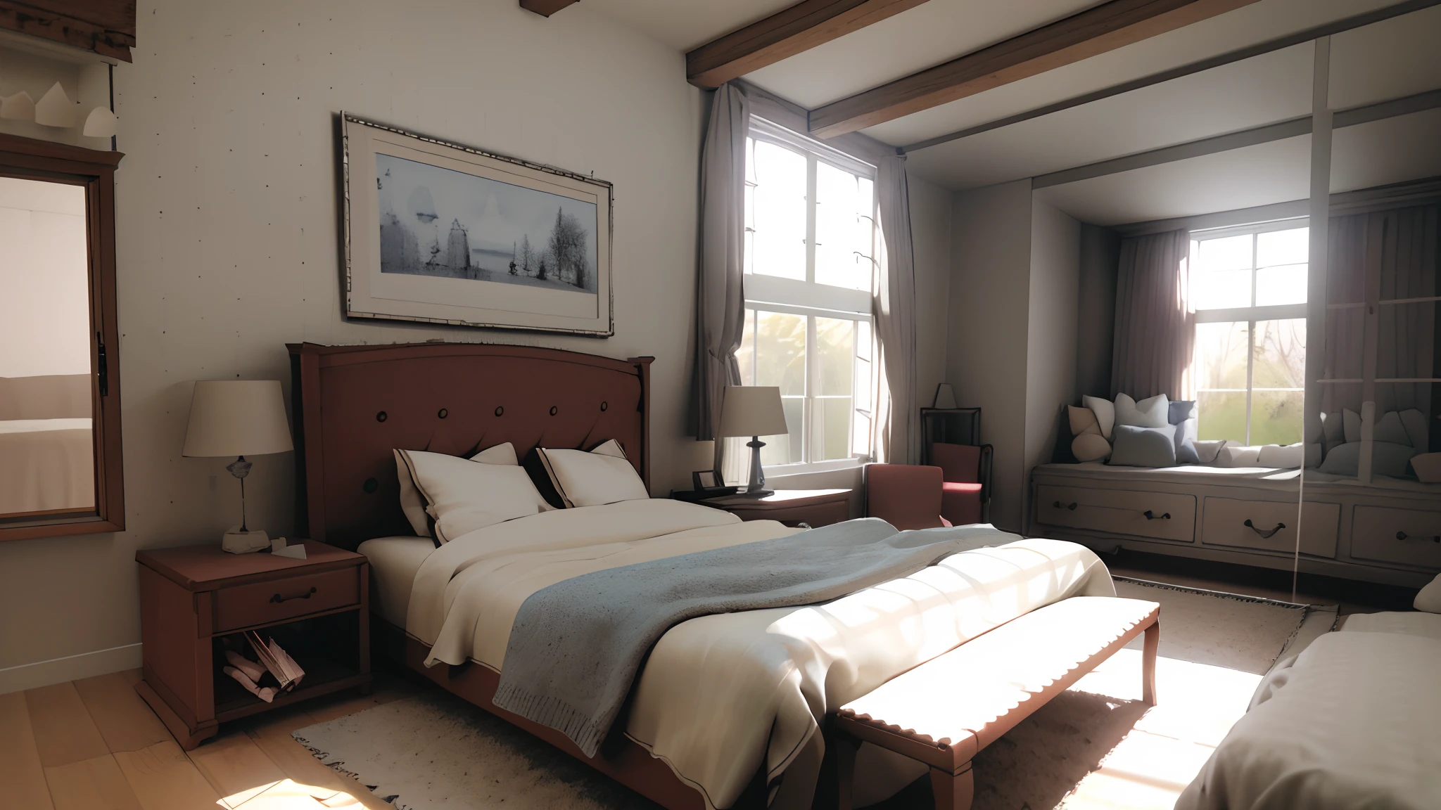 drawing of a bedroom with a bed, dresser, and a window, inside of a bedroom, 3 d point perspective, single point perspective, 2 point perspective, 2 - point perspective, 1-point perspective, one point perspective, multiple point perspective, point perspective, two point perspective, an interior of room, one-point perspective, 3 point perspective, 3-point perspective