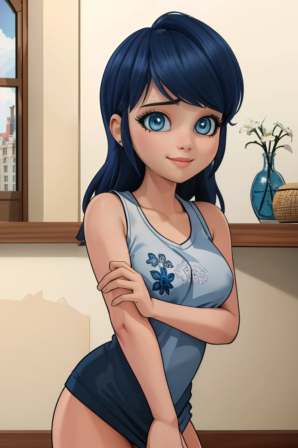 (8k, RAW photo, best quality, masterpiece:1.2), (intricate details), perfect eyes, perfect face, perfect lighting, beautiful, (masterpiece:1.2), (best quality:1.2), 1girl, solo, marinette, blue hair, long hair down, adult torso, , slight smile, medium sized breasts, white sleeveless shirt, tugging shirt down, no pants, no underwear