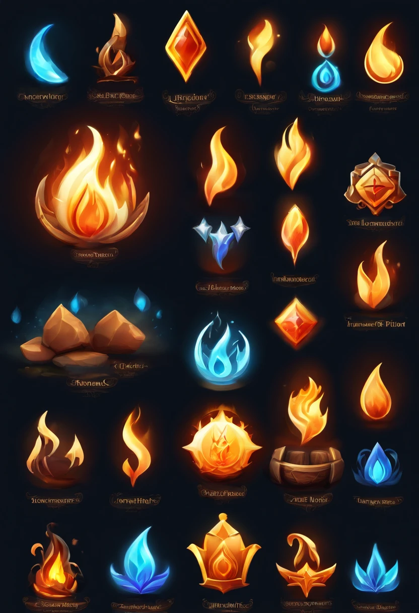 A set of flame icons for gaming, game icon asset, fantasy game spell symbol, game icon stylized, gameicon, fantasy game spell icon, flame stones are scattered, holy fire spell art, Fantasy elements, league of legends arcane, Magical elements, fantasy game art style, Magic Flame, blue fire powers