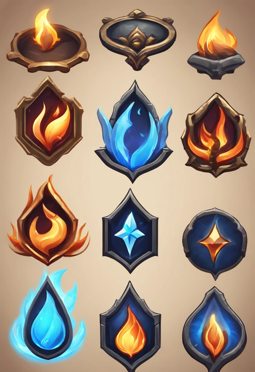 A set of flame icons for gaming, game icon asset, fantasy game spell symbol, game icon stylized, gameicon, fantasy game spell icon, flame stones are scattered, holy fire spell art, Fantasy elements, league of legends arcane, Magical elements, fantasy game art style, Magic Flame, blue fire powers