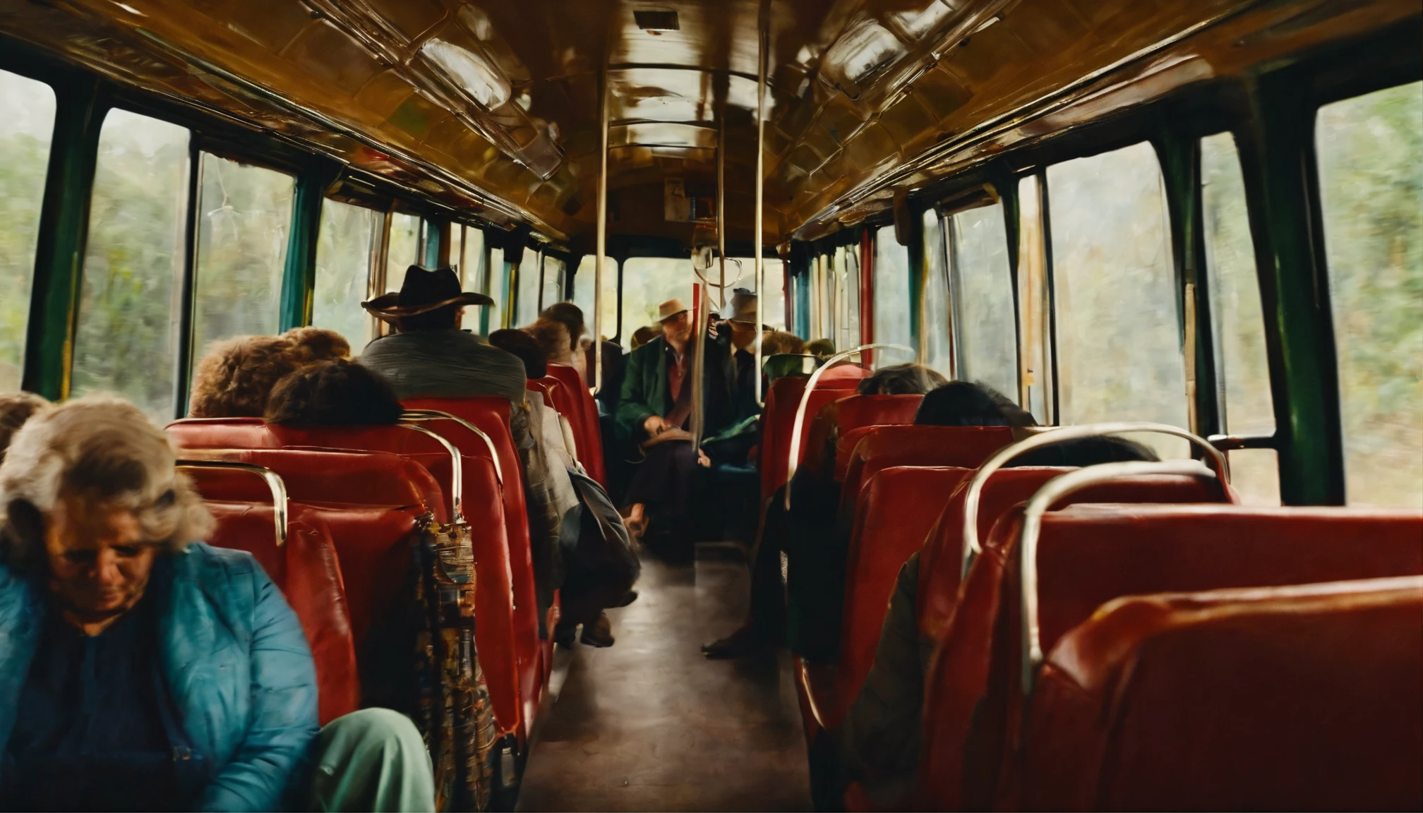 Hombre dormido, Inside a bus, antiguo, en 1980, tipo acuarela, with more people on the bus.