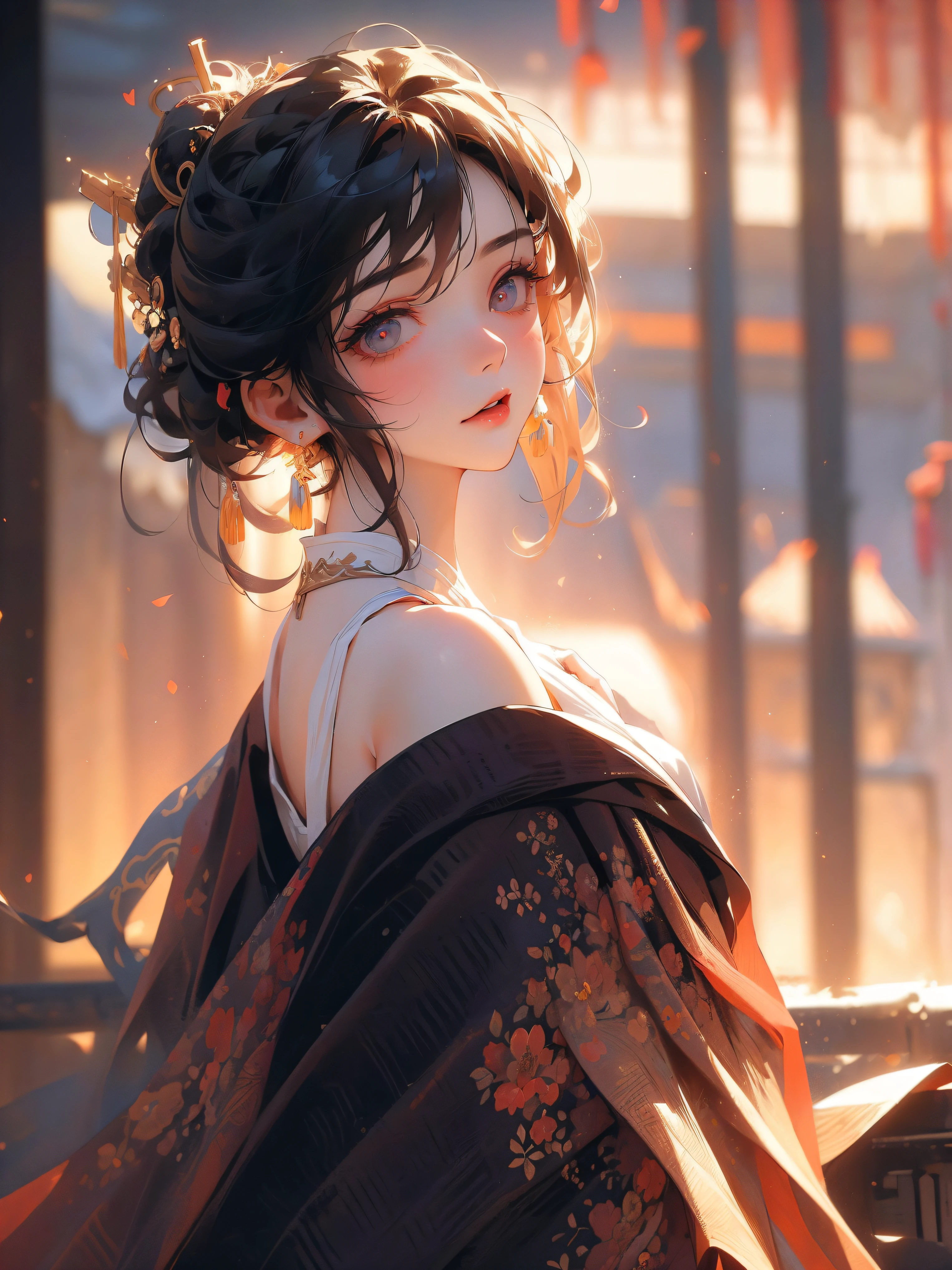 (masterpiece), best quality,top quality rich background, beautiful detailed hair ,{short hair with natural waves|Shaggy cut|Long bold side bangs|Sleek pixie cut|High top knot|Voluminous updo|Undercut},detailed face, 1 lady, solo, cowboy shot, perfect feminine face, very stunning woman, tangdynasty,traditional hanfu,((off shoulders)),white hair,red pupils,long eyelashes,blushing,mole under eyes,backlit,rim light,glow,