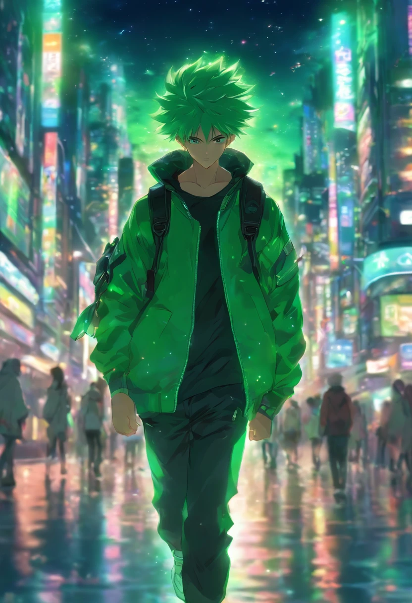 a man is walking in a busy city, he is wearing a green jacket, he is wearing black trousers, he is wearing white sneakers, he has short green hair, he is carrying a bag on his shoulder, he is in a city with lots of lights, night time, beautiful night sky, moon and stars, cool atmosphere, wind, very realistic, extremely detailed