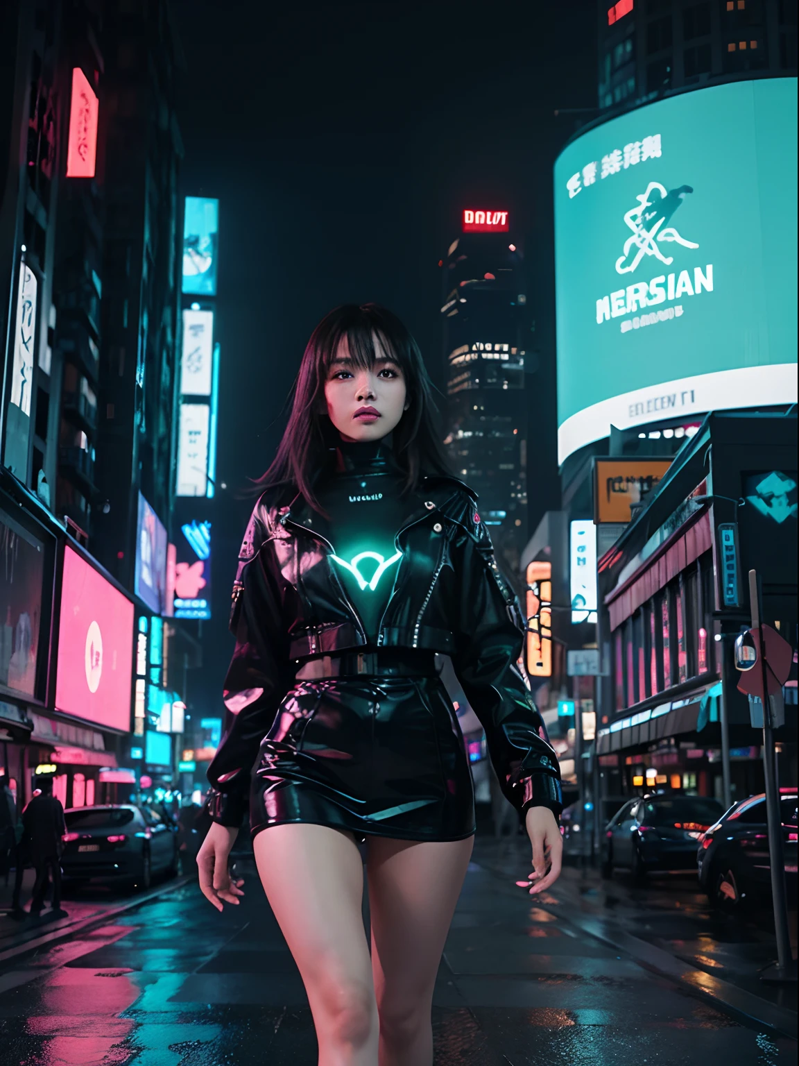 Craft an electrifying scene set in a futuristic, neon-lit cyberpunk cityscape at night. Towering skyscrapers with holographic billboards loom overhead, casting colorful reflections onto the rain-soaked streets. In the center of this high-tech metropolis, a young Malay girl in hijab, radiating a sense of wonder and determination, encounters an otherworldly, bioluminescent creature emerging from the shadows. The girl's presence adds a human touch to this high-tech urban landscape, creating a captivating contrast