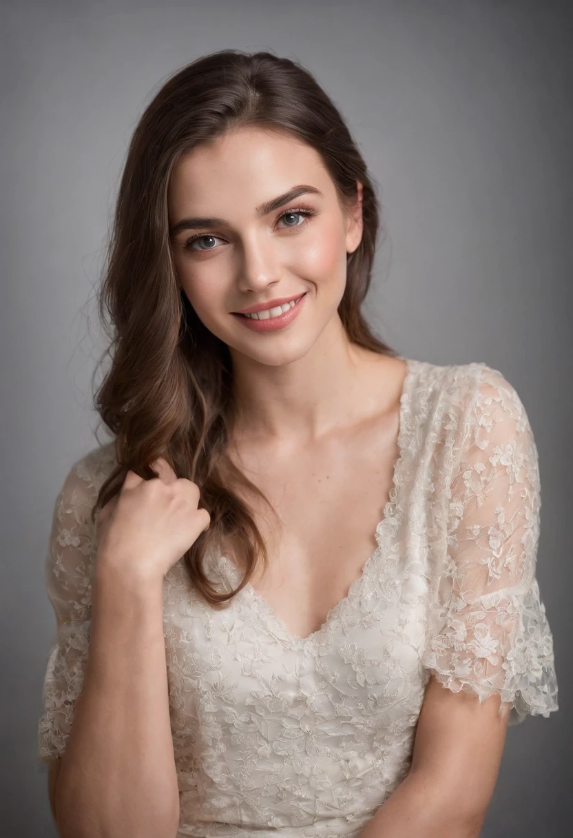 Dramatic portrait of happy, Gorgeous 21 year old shot in professional studio, short lighting, all natural light