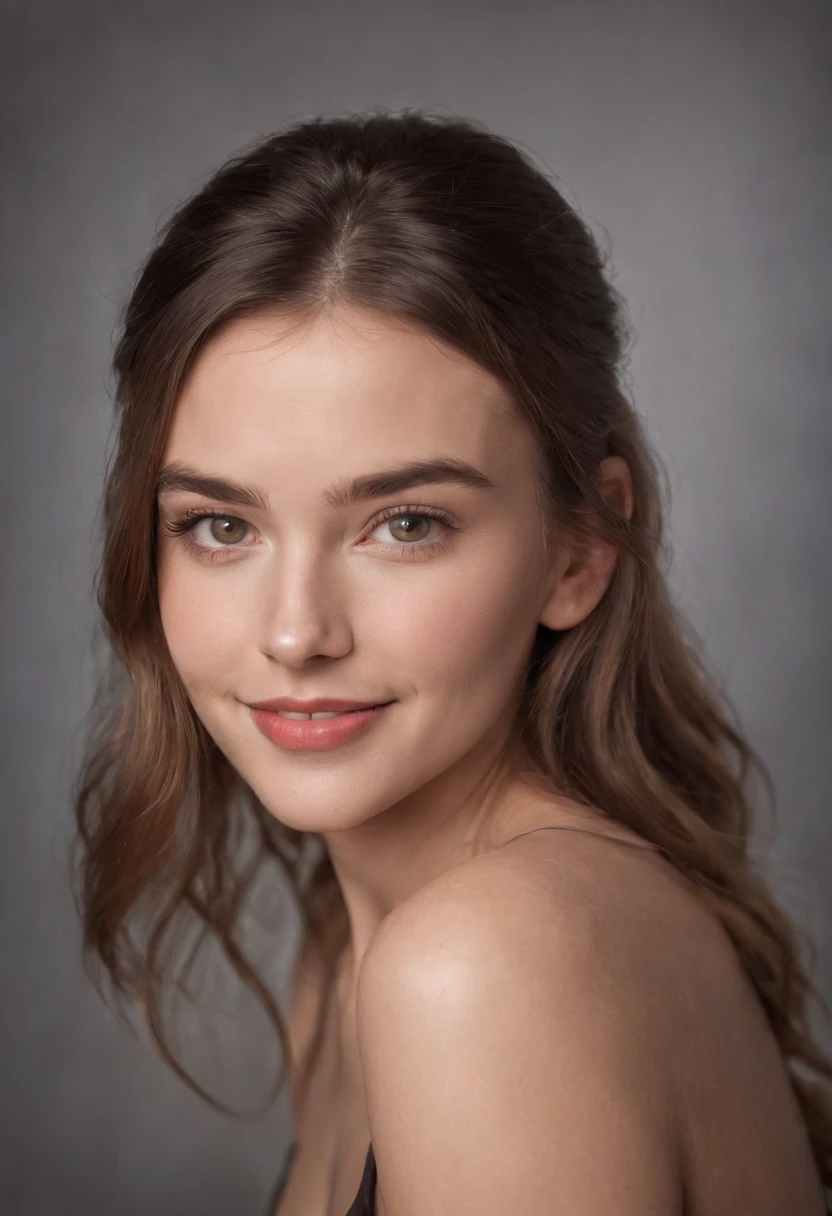 Dramatic portrait of happy, Gorgeous 21 year old shot in professional studio, short lighting, all natural light