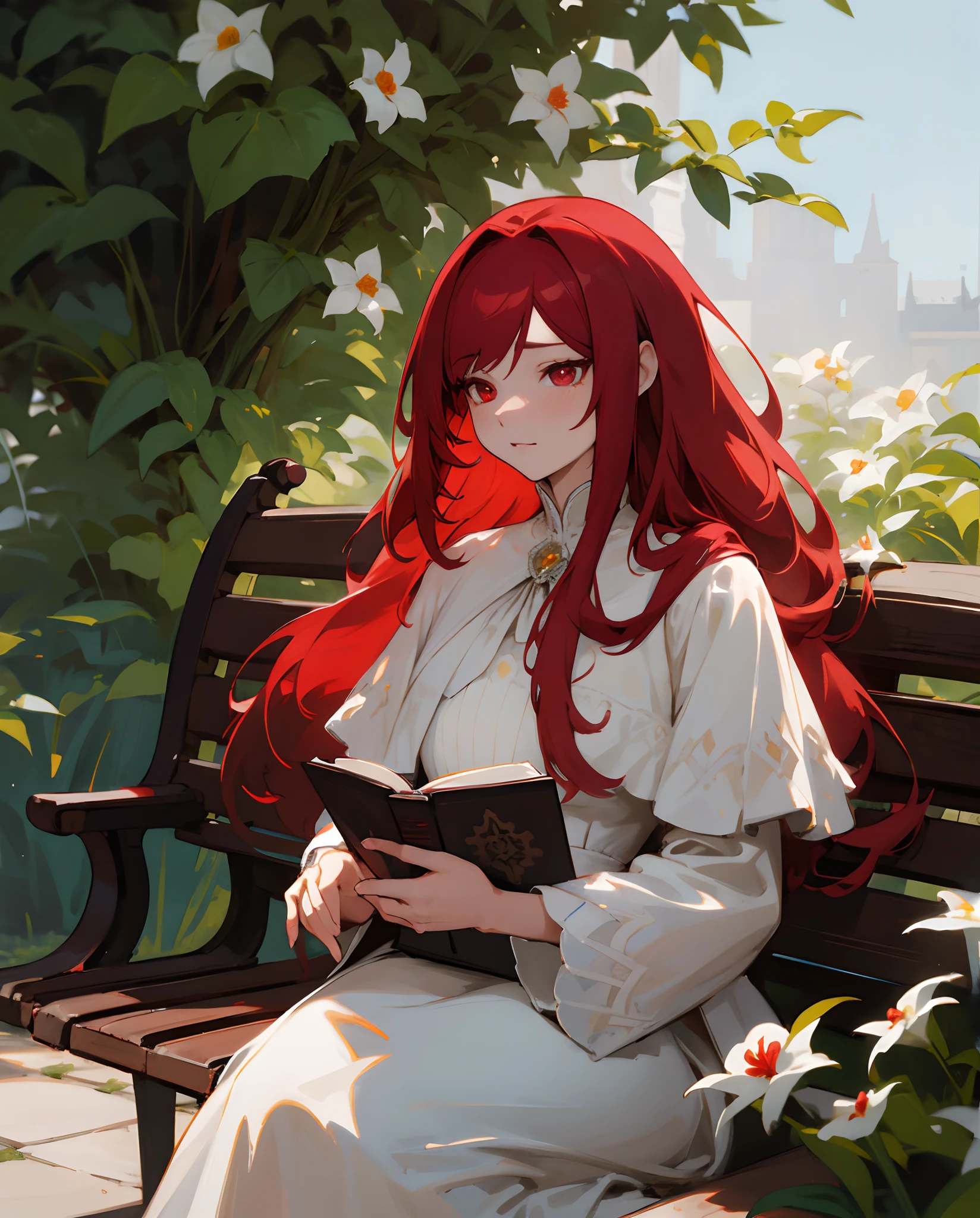 ((Retina)), masterpiece, anatomically correct, textured skin, super detail, high detail, high quality, best quality, highres, 4K, (Detailed Lights, Detailed Shadows), 1Woman, Close-up,half body Portrait, (Half Body), Extremely Detailed Clothes, Detailed Skin, Perfect Body,anime girl with long red hair and one single white flower on the right of her hair, detailed portrait of anime girl, mediaval, noble dress, royal dress, cream dress with black embriodery, gothic cream dresses, long dress, bench, reading book, on the garden, greenery, 18 years old girl, sad, slight blush, crimson hair, crimson pupils