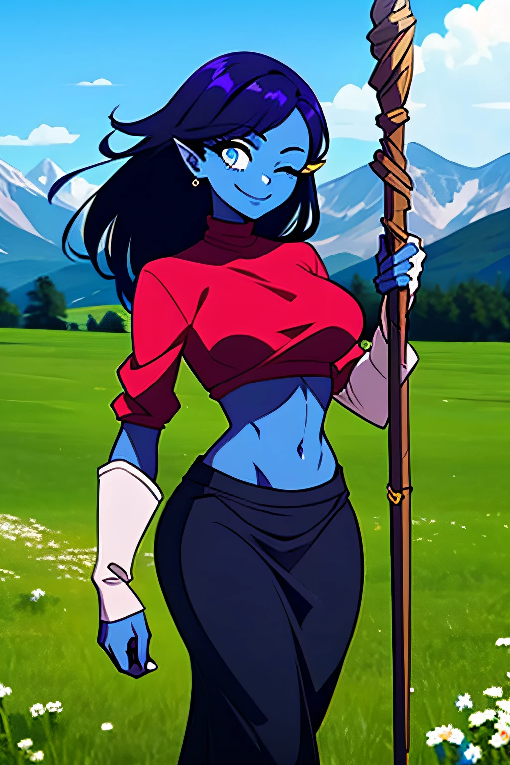 ((blue skin)), (((one eye closed))), A woman with blue skin with an athletic build, she has blue eyes, she is smiling and winking, she has long purple hair, she wears a black crop top that shows off her midriff as well as a long black skirt, she holds a staff in one hand, while her other arm is behind her head, she is outside in a field with a mountain.