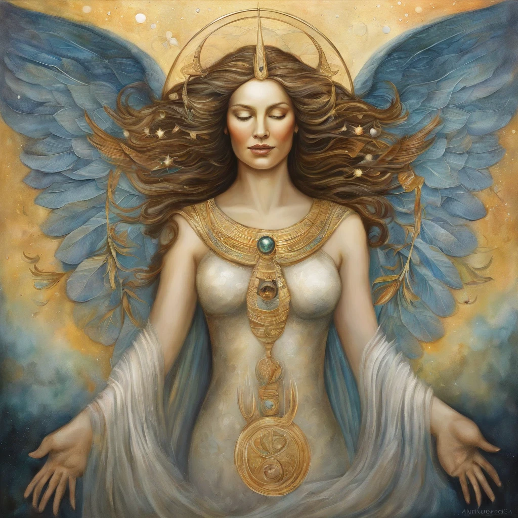 A painting of an anxious man with a halo and wings, deus celestial, Portrait of a cosmic god, um retrato impressionante de um deus, retrato de anjo, retrato de um belo anjo, deus. Detalhes extremamente altos, Artgerm Julie Bell Beeple, cosmic goddess, God of space and time, Beeple e Jeremiah Ketner, Deus da Luz, luz primordial
