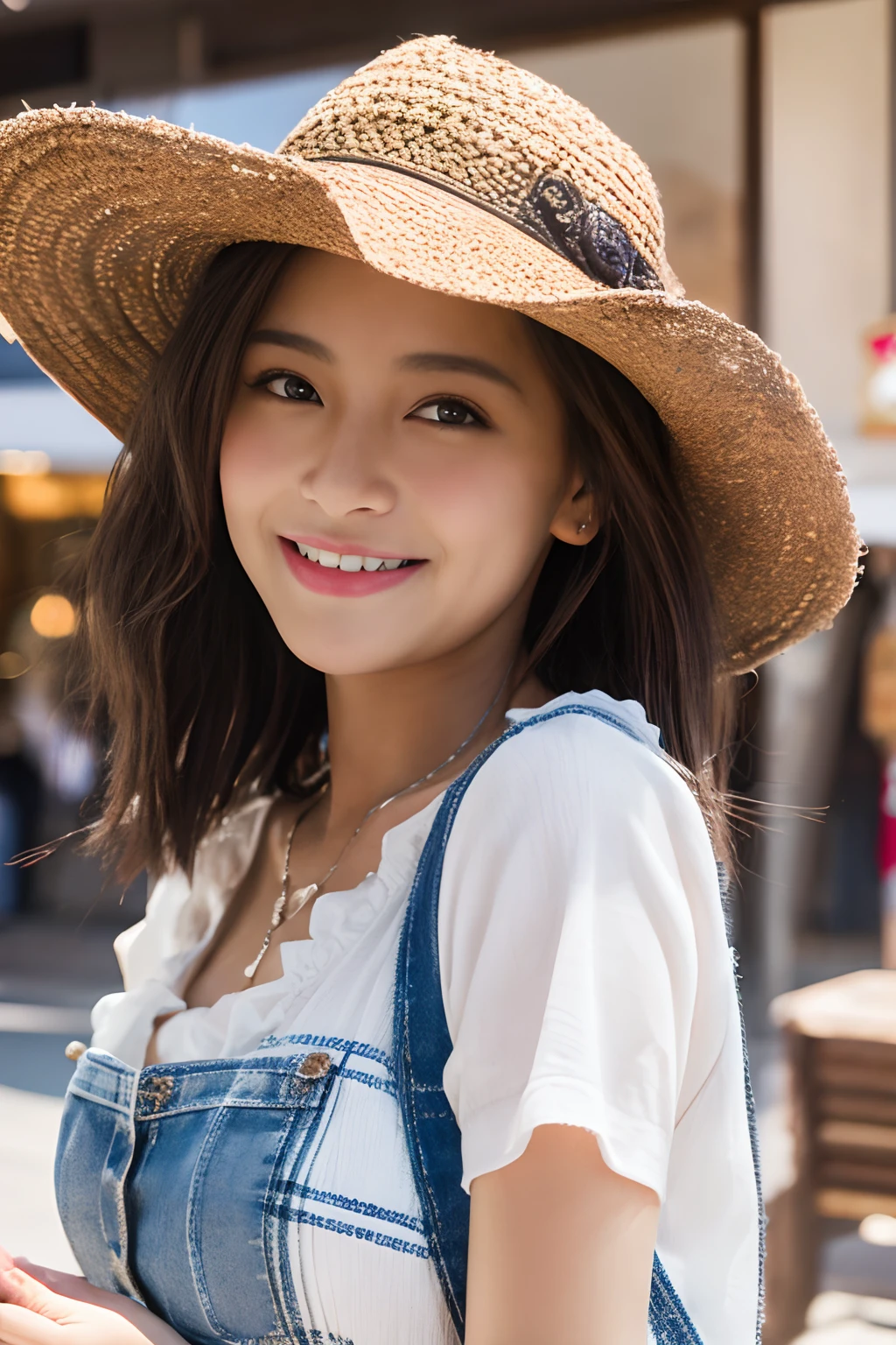 top-quality、in 8K、masterpiece、detail portrayal、1 girl in、beautiful japanese female、Colossal tits、a miniskirt、 bobhair、A smile、shopping mall、cowboy shot