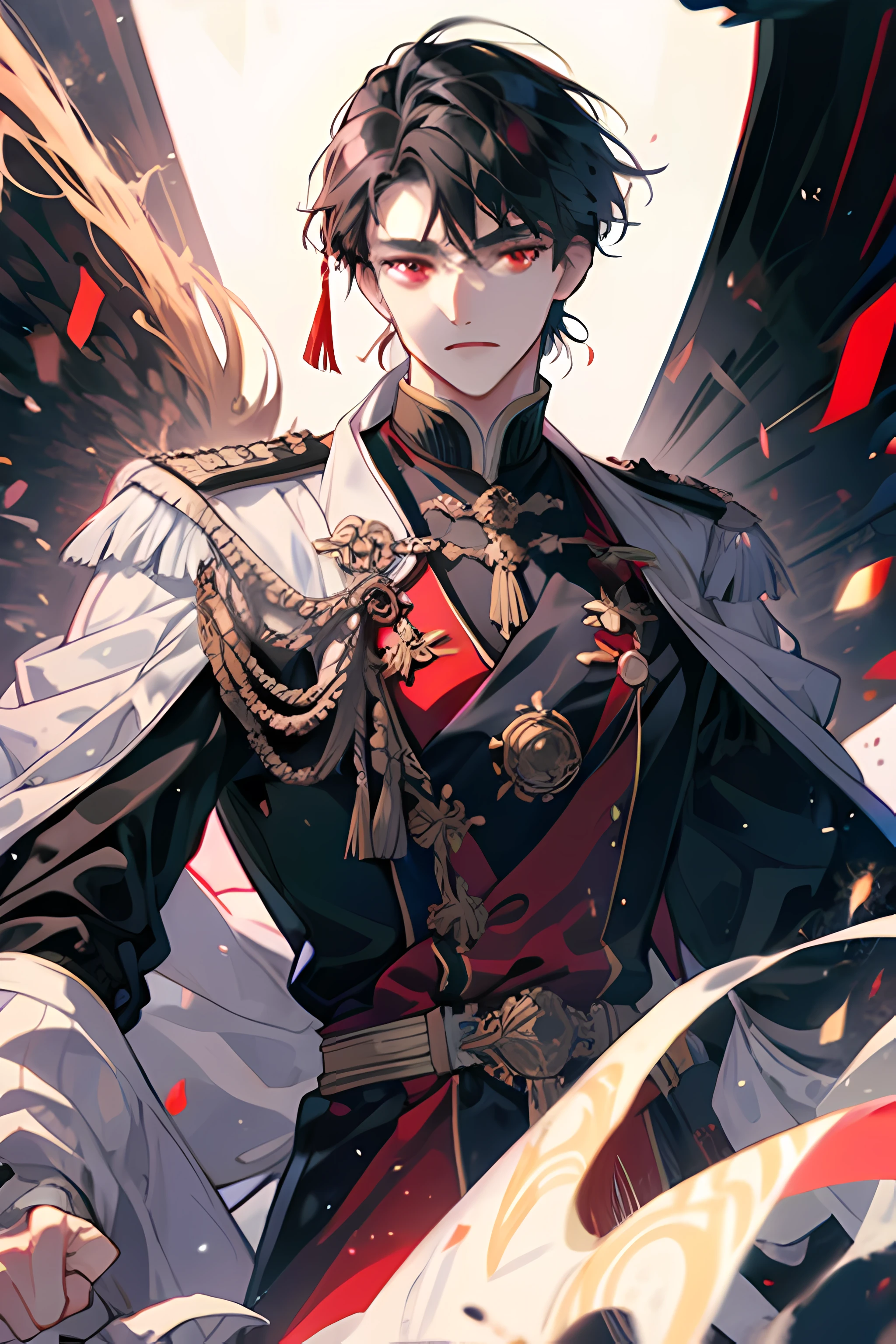 A man in an emperor's uniform, with black hair and red eyes