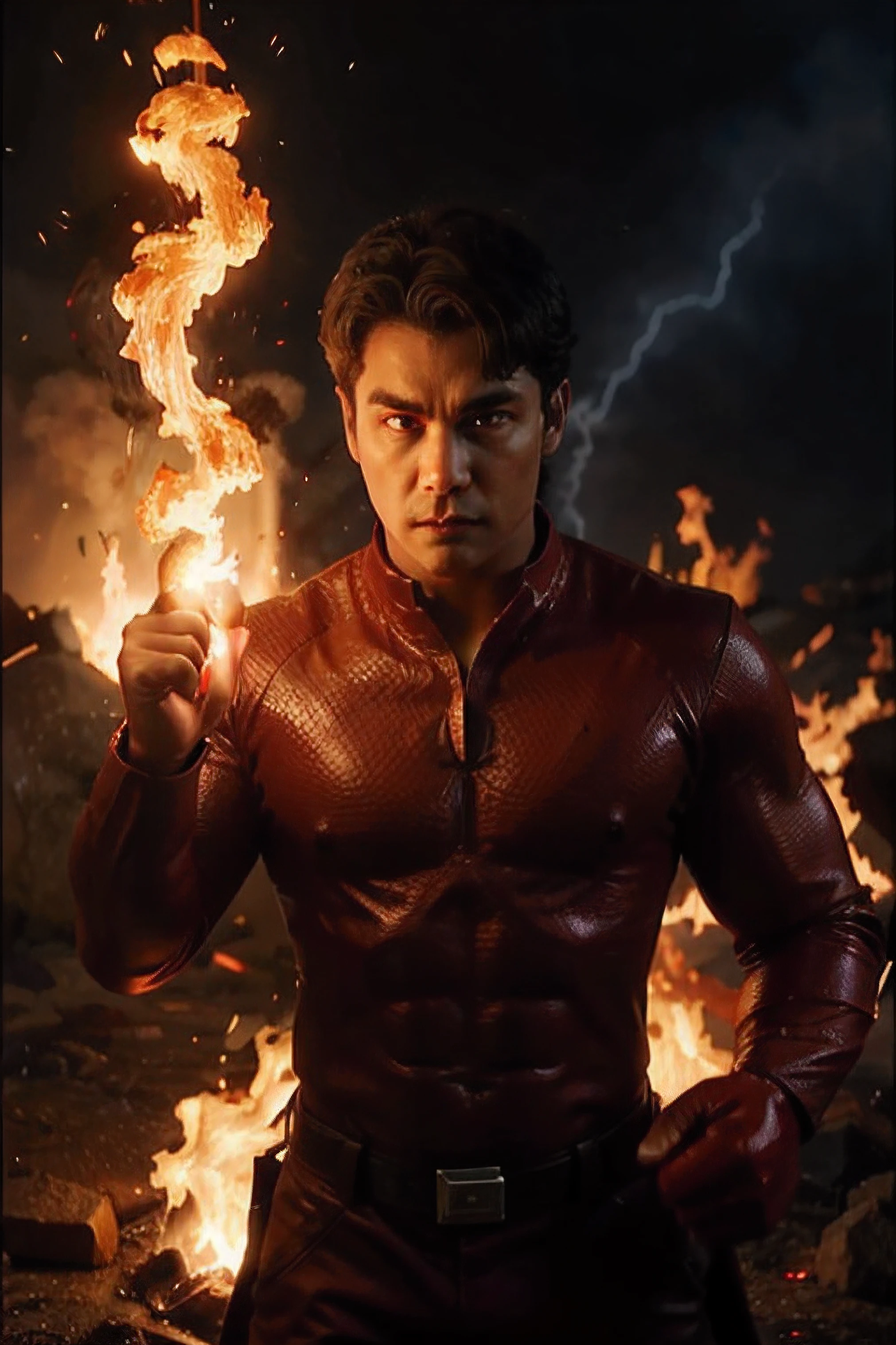 "Develop an elemental superhero with the power to control fire. Ele deve estar envolto em chamas e usar um elmo de lava. Your fists must launch fireballs."
