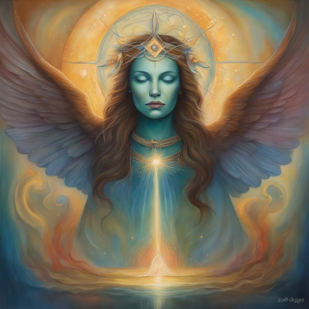 A painting of an anxious man with a halo and wings, deus celestial, Portrait of a cosmic god, um retrato impressionante de um deus, retrato de anjo, retrato de um belo anjo, deus. Detalhes extremamente altos, Artgerm Julie Bell Beeple, cosmic goddess, God of space and time, Beeple e Jeremiah Ketner, Deus da Luz, luz primordial