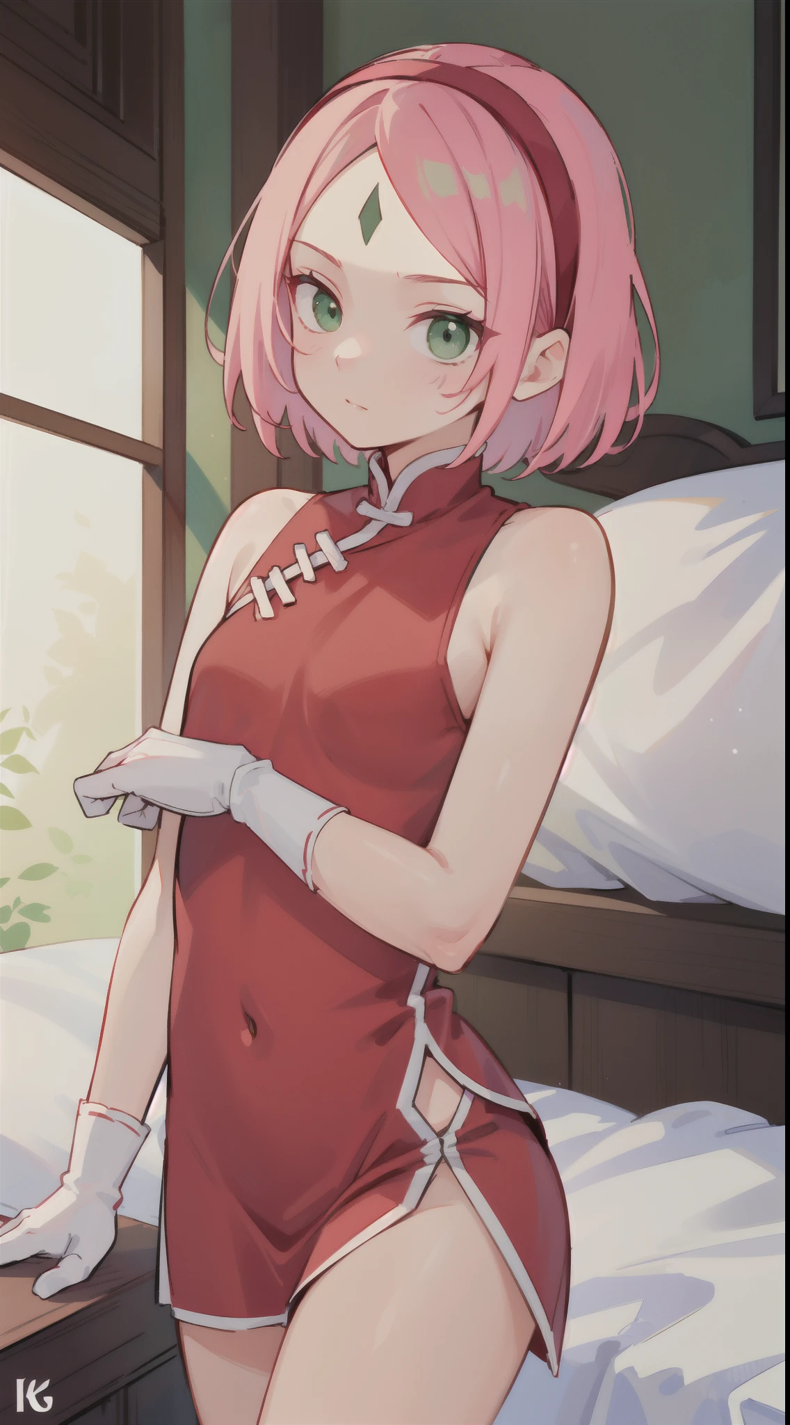 Sakura Haruno, Sakura Haruno, Off-the-shoulder attire,cleavage,Short hair, bangs, (Green eyes:1.5), Pink hair, shairband, face markings, (forehead mark:1.2), red hairband, (Small breast:1.2),
Break Chinese clothes, dress, (Red dress:1.3), Short skirt, Black shorts, mitts, Black gloves, Sleeveless,
BREAK looking at viewer,
Break indoors, Bed,
Break (Masterpiece:1.2), Best quality, high resolution, Unity 8k wallpaper, (illustration:0.8), (Beautiful detailed eyes:1.6), Extremely detailed face, Perfect lighting, Extremely detailed CG, (Perfect hands, Perfect anatomy),