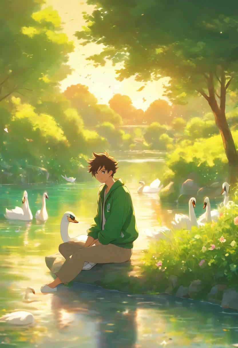 a man is sitting in the park, he is wearing a green jacket, he is wearing trousers, he is wearing white sneakers, he is in a flower garden across the river, he is smiling, he has short hair green, very clear sky, sun rising from the eastern horizon, cool morning breeze, peaceful atmosphere, swans swimming in the river, realistic swans, very realistic, extremely detailed