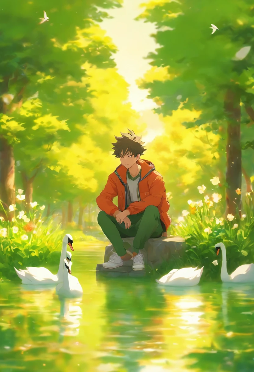a man is sitting in the park, he is wearing a green jacket, he is wearing trousers, he is wearing white sneakers, he is in a flower garden across the river, he is smiling, he has short hair green, very clear sky, sun rising from the eastern horizon, cool morning breeze, peaceful atmosphere, swans swimming in the river, realistic swans, very realistic, extremely detailed