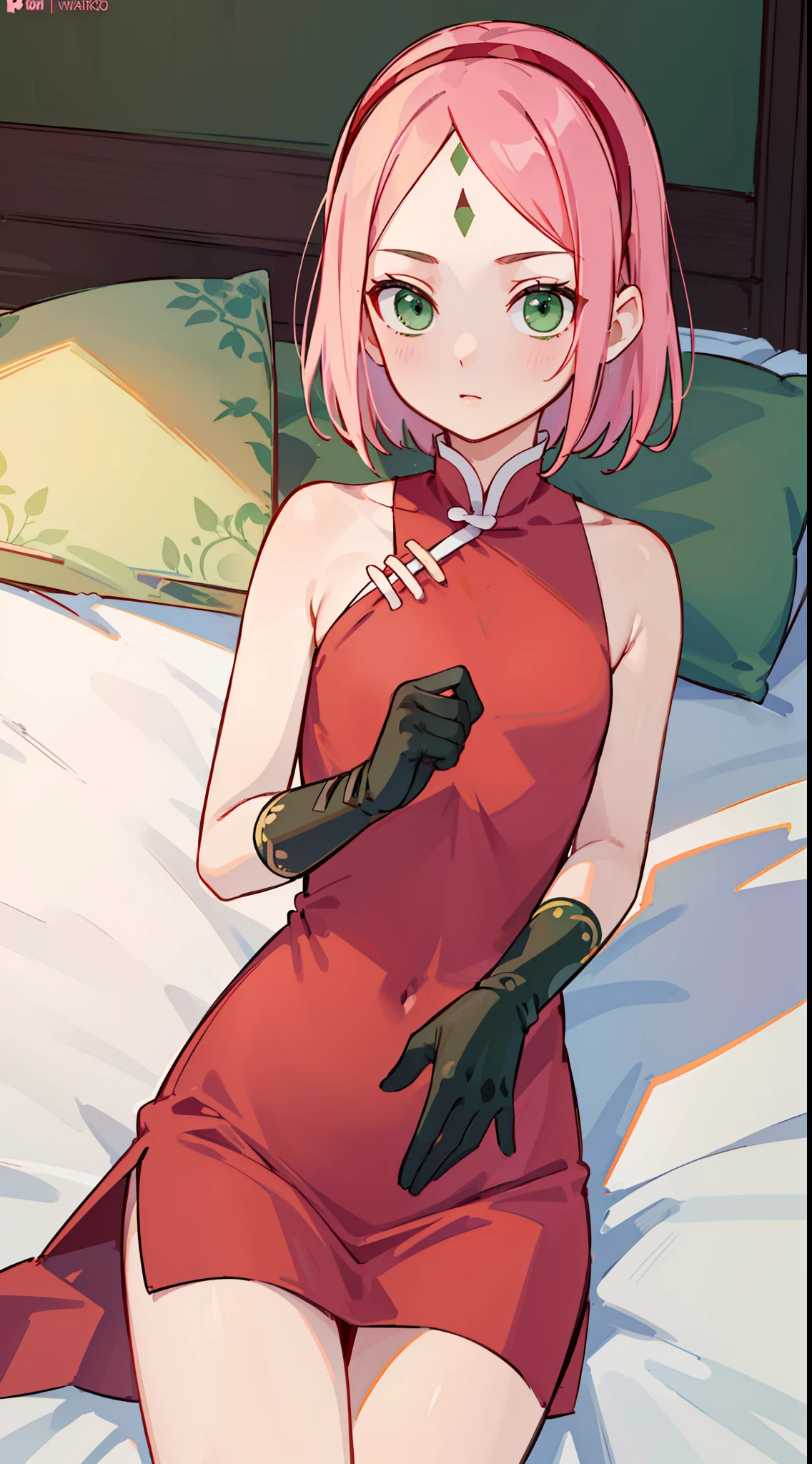 Sakura Haruno, Sakura Haruno, Off-the-shoulder attire，cleavage，Short hair, bangs, (Green eyes:1.5), Pink hair, shairband, face markings, (forehead mark:1.2), red hairband, (Small breast:1.2),
Break Chinese clothes, dress, (Red dress:1.3), Short skirt, Black shorts, mitts, Black gloves, Sleeveless,
BREAK looking at viewer,
Break indoors, Bed,
Break (Masterpiece:1.2), Best quality, high resolution, Unity 8k wallpaper, (illustration:0.8), (Beautiful detailed eyes:1.6), Extremely detailed face, Perfect lighting, Extremely detailed CG, (Perfect hands, Perfect anatomy),