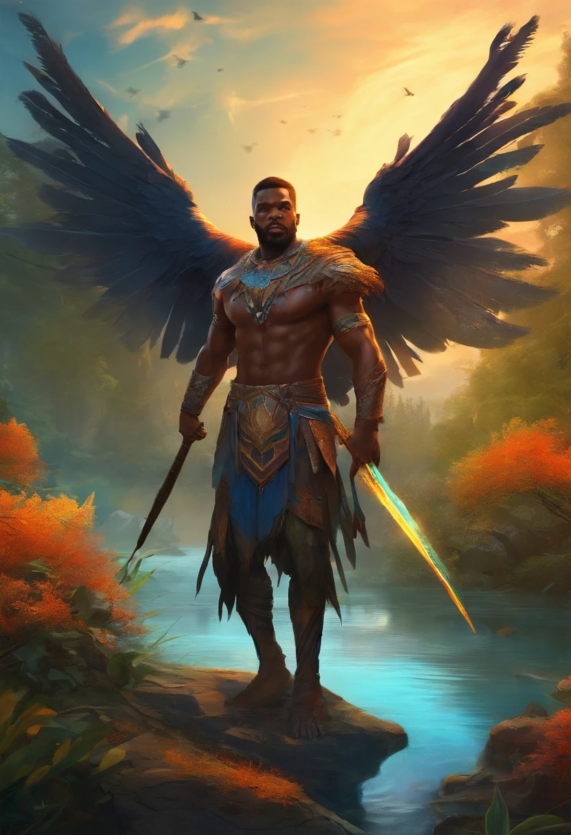 Black Demon Beautiful Male Black Man with Blue and Orange Details, Malcolm X face, Large Wings, Flooded forest in the Background, Vibrant Colors, Full Body, Detailed Face, Malcolm X, Detailed Hands, Holding a spear, Detailed Legs, Detailed Fingers, Detailed Hair, Detailed Eyes, Detailed Skin, Looks like Malcolm X, Lush Vegetation Blurred Background, Vibrant Colors, Lush Light, Soft Light, Sunset Light, Smooth Light, Symmetrical, Full Body, Reflections, HDR Dynamic Lighting, 8K Resolution, cinematic film, smooth, sharp focus, realistic, strobe light beams, ((blurred background)):1.7, (((depth of field)) ):1.8, cinestill 800t 35mm, high quality, heavy grain, high detail, cinematic composition, dramatic light, anamorphic, ultra wide lens, hyperrealistic