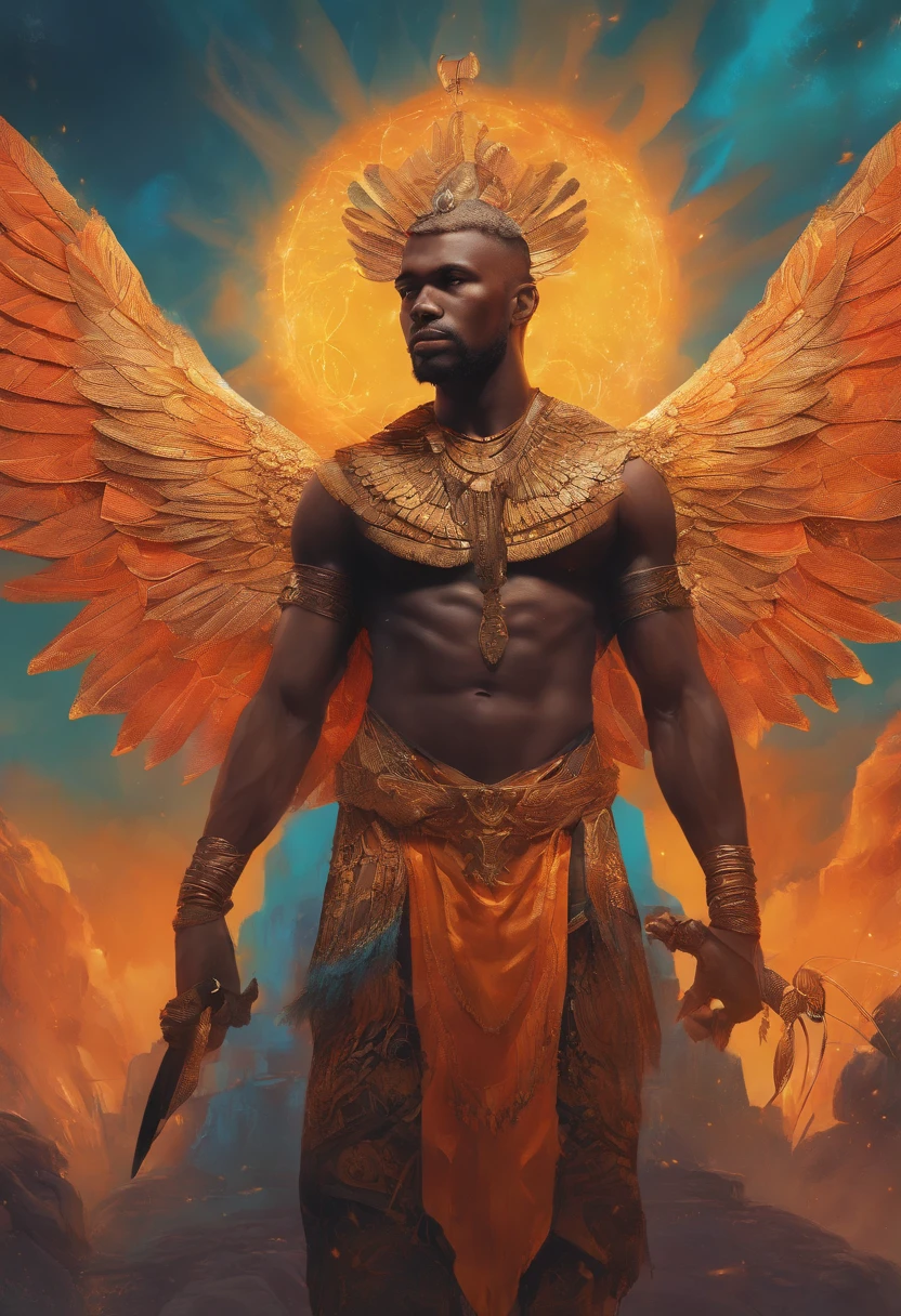 Black Demon Beautiful Male Black Man with Blue and Orange Details, Malcolm X face, Large Wings, Flooded forest in the Background, Vibrant Colors, Full Body, Detailed Face, Malcolm X, Detailed Hands, Holding a spear, Detailed Legs, Detailed Fingers, Detailed Hair, Detailed Eyes, Detailed Skin, Looks like Malcolm X, Lush Vegetation Blurred Background, Vibrant Colors, Lush Light, Soft Light, Sunset Light, Smooth Light, Symmetrical, Full Body, Reflections, HDR Dynamic Lighting, 8K Resolution,  cinematic film, smooth, sharp focus, realistic, strobe light beams, ((blurred background)):1.7, (((depth of field)) ):1.8, cinestill 800t 35mm, high quality, heavy grain, high detail, cinematic composition, dramatic light, anamorphic, ultra wide lens, hyperrealistic