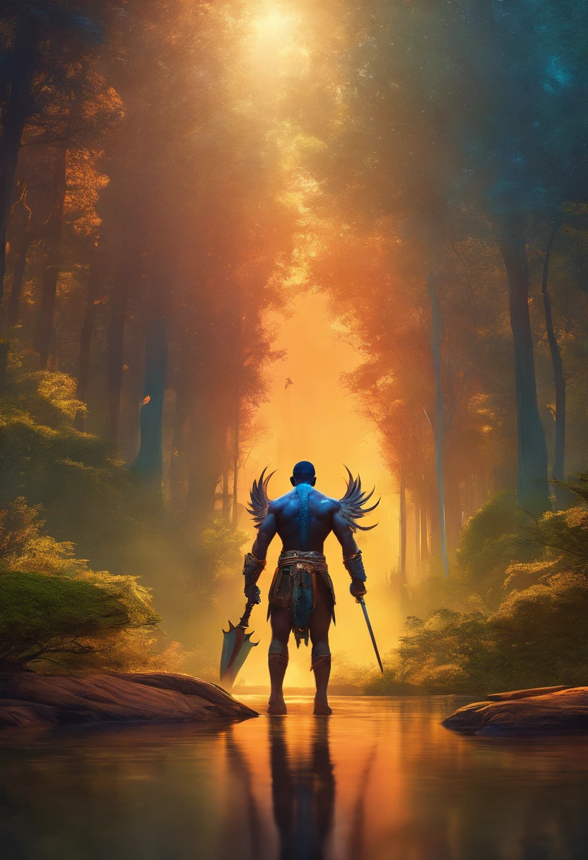 Black Demon Beautiful Male Black Man with Blue and Orange Details, Malcolm X face, Large Wings, Flooded forest in the Background, Vibrant Colors, Full Body, Detailed Face, Malcolm X, Detailed Hands, Holding a spear, Detailed Legs, Detailed Fingers, Detailed Hair, Detailed Eyes, Detailed Skin, Looks like Malcolm X, Lush Vegetation Blurred Background, Vibrant Colors, Lush Light, Soft Light, Sunset Light, Smooth Light, Symmetrical, Full Body, Reflections, HDR Dynamic Lighting, 8K Resolution, cinematic film, smooth, sharp focus, realistic, strobe light beams, ((blurred background)):1.7, (((depth of field)) ):1.8, cinestill 800t 35mm, high quality, heavy grain, high detail, cinematic composition, dramatic light, anamorphic, ultra wide lens, hyperrealistic