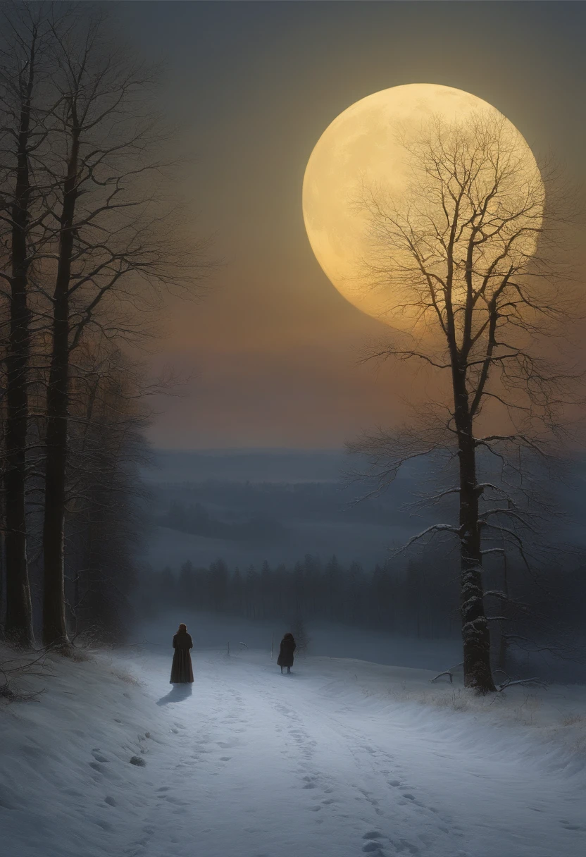 Painting of a group of a woman in the moon light, die auf einem Feld mit einer Kirche im Hintergrund spazieren gehen, Kramskoi, Kramskoi 4 K, by Caspar David Friedrich, Romantik Malerei, von Ivan Kramskoi, Gotische Malerei, Romantik Landschaftsmalerei, inspiriert von Władysław Czachórski, asher david friedrich, caspar friedrich