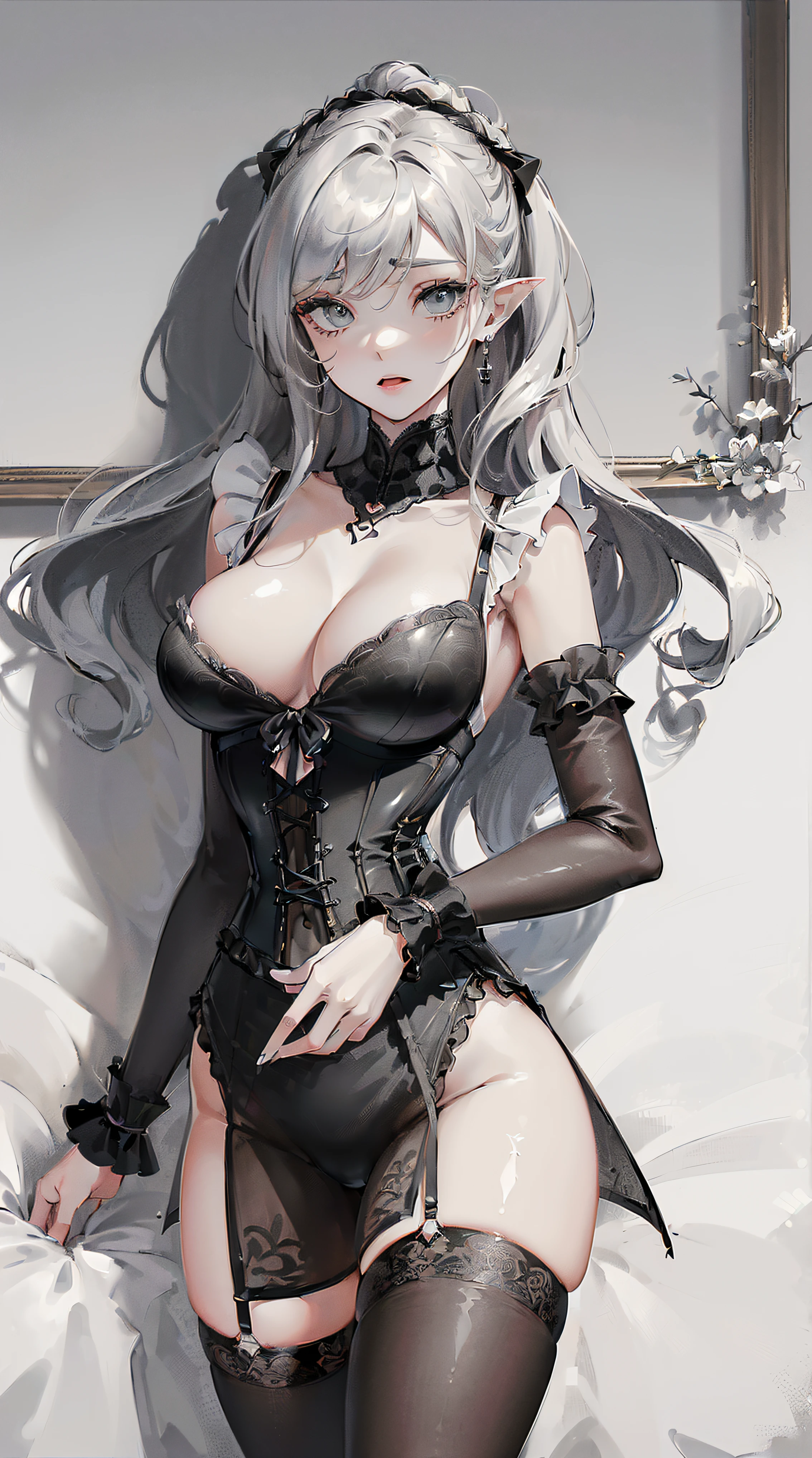 ((((((large breasts, Erotic lingerie, puffy long sleeves, see-through dress, corset, wrist cuffs, frills, bangs, maid,  on the bed))))))((((The whole body is covered with oil，Oily shiny，Oily，Oily and slippery,opened mouth,tongue from mouth,blush:1.2,baggy cuffs,))))(((((((monochromatic world, using only shades of black, white, and gray,Dark Style, Grim,zentangle:1.2, geometric:1.2, )))))))，((1girl,under-aged,amazing,sharp focus,seductive lady，Solo，from above:1.3,pubic tattoo，Loose and light knitwear,leggings,))(Masterpiece,Best quality, offcial art, Beautiful and aesthetic:1.2),((UHD,HRS,Golden ratio,)) (16k),((upper upper shot,close of face:1.2,focus on face:1.2,succubi, (((middle breasts))), (((sagging breasts))))),(Physically-based rendering),Sharp focus, (((highdetailskin,))),Intricately detailed clothing，Delicate pupils,heart pupils,danfeng eye,((((detailed hair|long hair|Long bold side bangs|hair cover eyes|natural curly|disheveled hair)))),Slender,(masterpiece sidelighting),(The sheen),(beautiful hair,beautiful eyes,）((unbelievable Ridiculous,)),((extremely_Detailed_Eyes_and_face)),AV actor,(Dynamic configuration: 1.2),Brilliant,Glossy, (Photorealistic), ((hairpin)), two-sided fabric,Ultra-precise depiction, Ultra-detailed depiction,