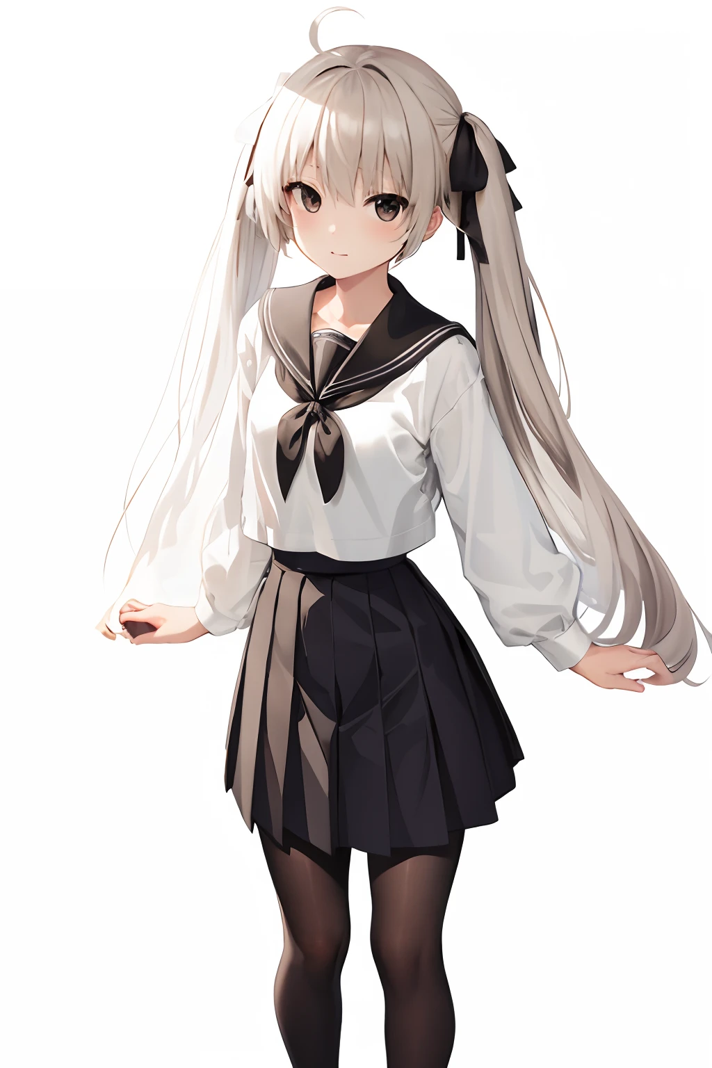 sorakasugano, sora kasugano, ahoge, (black eyes:1.5), hair between eyes, hair ribbon, long hair, twintails, black ribbon, white hair, (flat chest:1.2), BREAK black footwear, black pantyhose, grey ribbon, grey skirt, loafers, long sleeves, miniskirt, pantyhose, pleated skirt, sailor collar, school uniform, serafuku, shoes, skirt, white sailor collar, white serafuku, BREAK looking at viewer, (BREAK standing upright), BREAK indoors, BREAK (masterpiece:1.2), best quality, high resolution, unity 8k wallpaper, (illustration:0.8), (beautiful detailed eyes:1.6), extremely detailed face, perfect lighting, extremely detailed CG, (perfect hands, perfect anatomy),