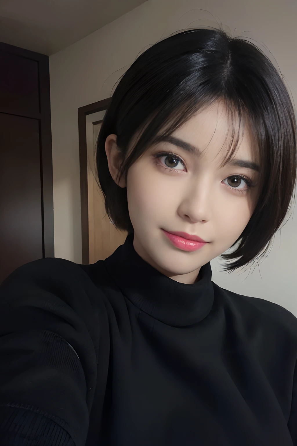 (masterpiece:1.3), (8k, photorealistic, RAW photo, best quality: 1.4), (1girl), beautiful face, (realistic face), (black hair, short hair:1.3), beautiful hairstyle, realistic eyes, beautiful detailed eyes, (realistic skin), beautiful skin, (sweater), absurdres, attractive, ultra high res, ultra realistic, highly detailed, golden ratio