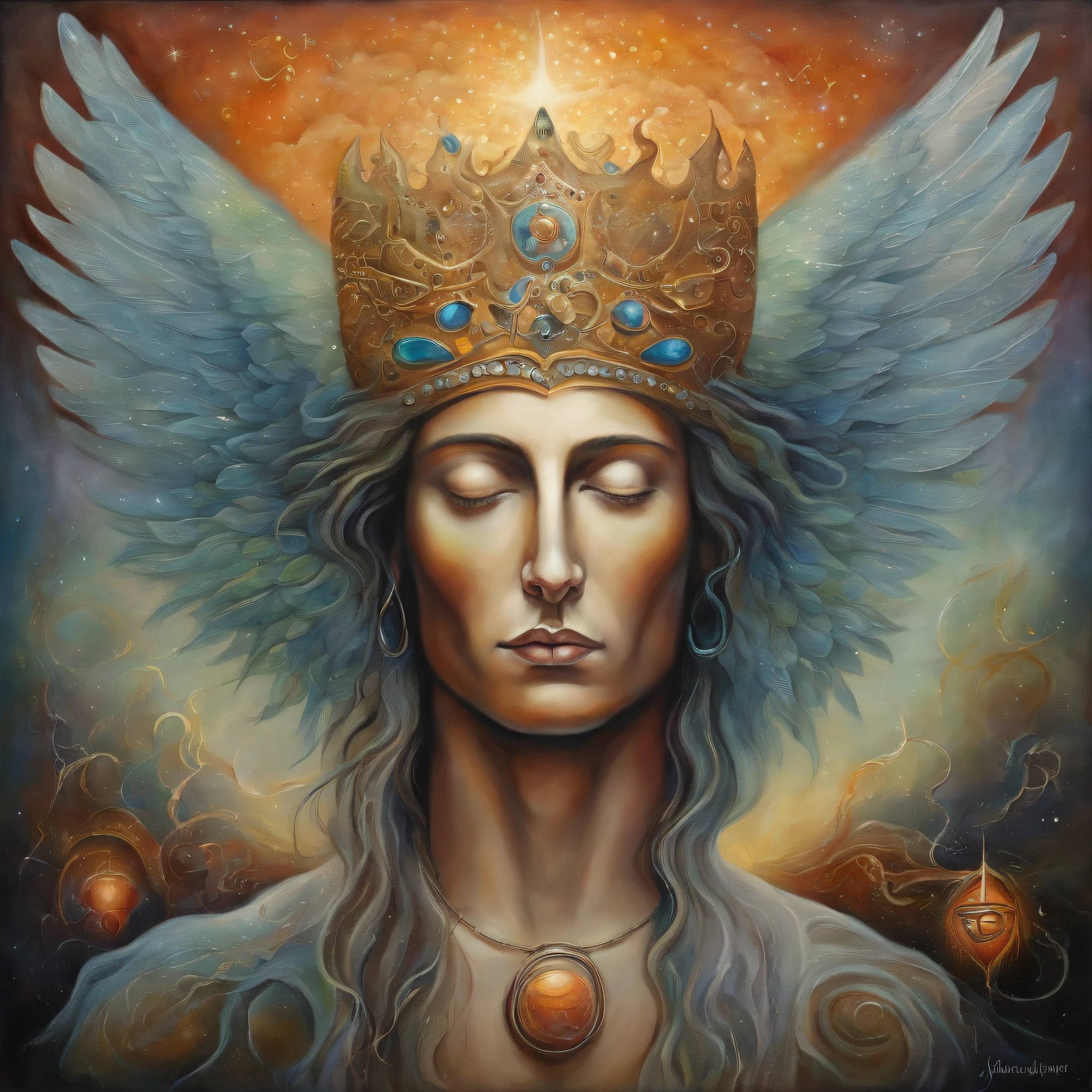 A painting of an anxious man with a halo and wings, deus celestial, Portrait of a cosmic god, um retrato impressionante de um deus, retrato de anjo, retrato de um belo anjo, deus. Detalhes extremamente altos, Artgerm Julie Bell Beeple, cosmic goddess, God of space and time, Beeple e Jeremiah Ketner, Deus da Luz, luz primordial