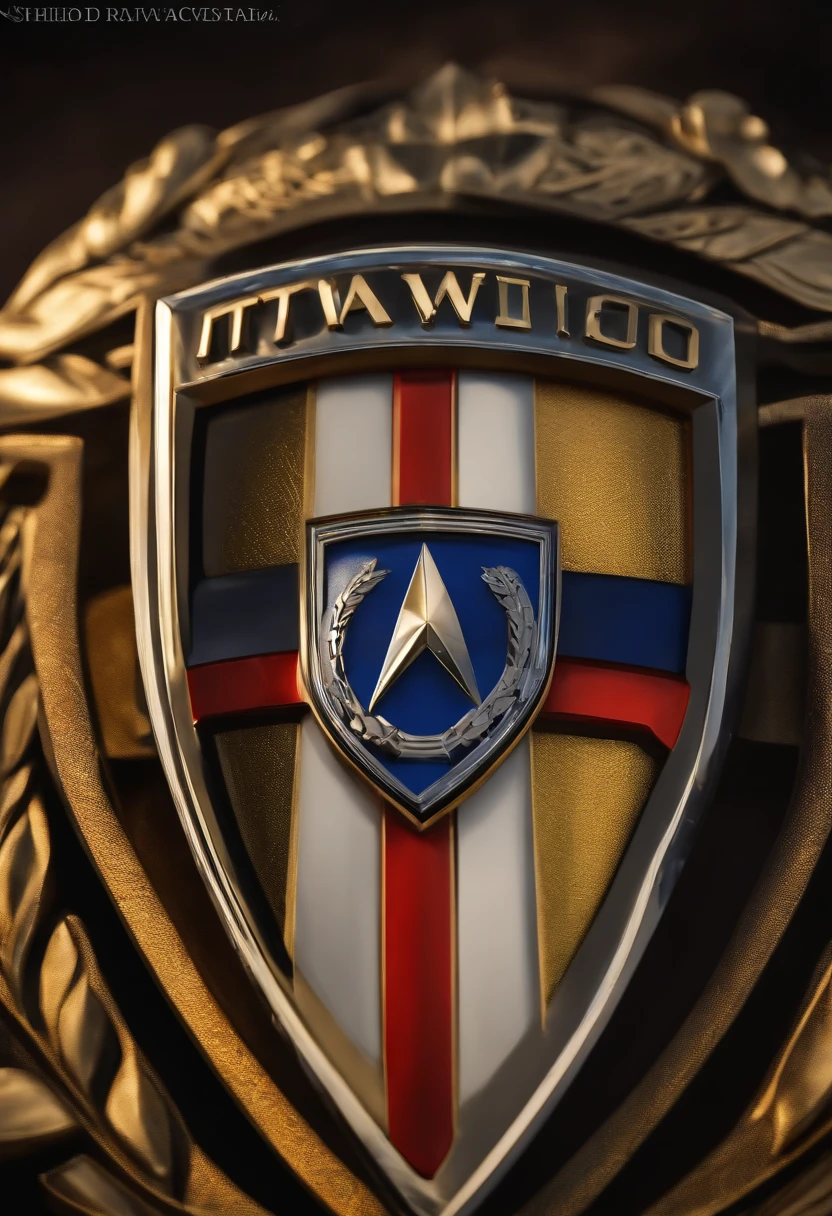 Shield Atlético MG, steel, titanio, estrela com ouro, galo ao fundo em chamas, Grandeur, realista, detalhado.