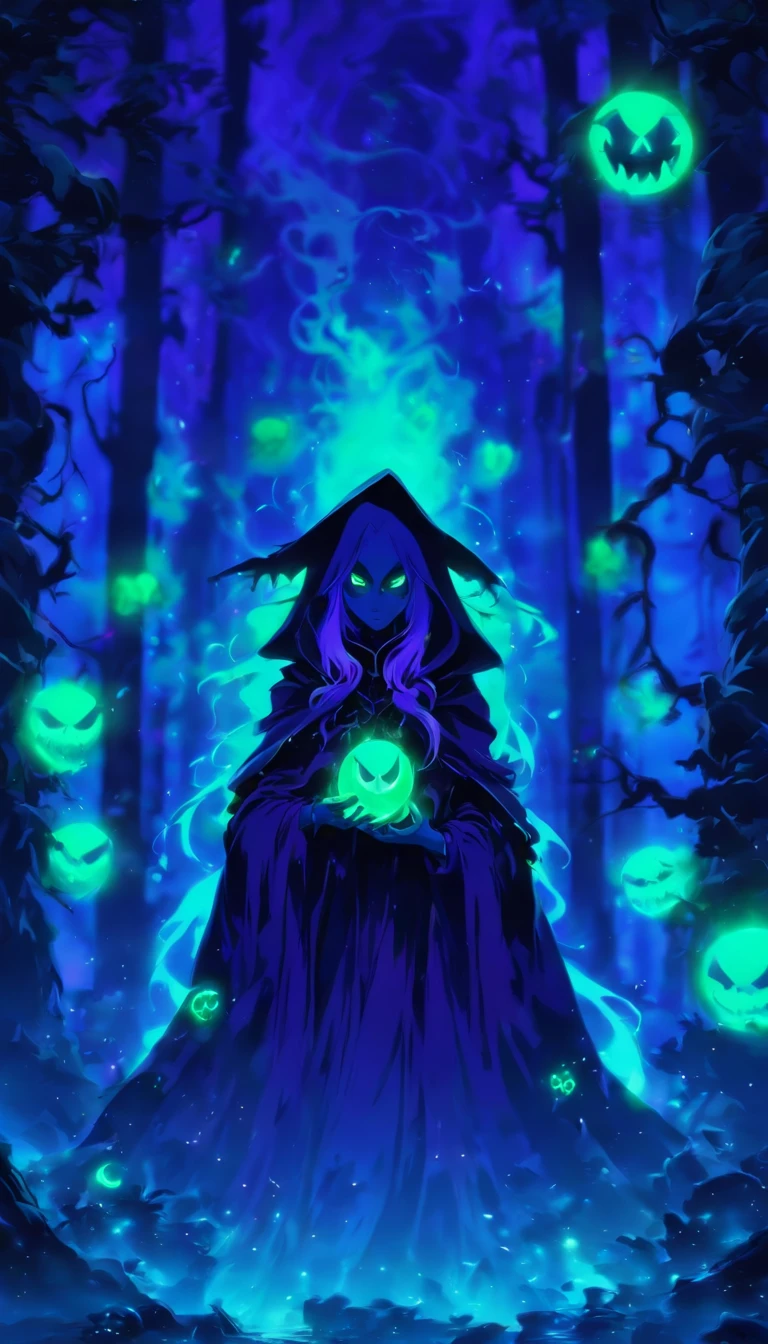 Tags: poisonous evil witch, terrible glowing purple spells, neon green, purple, dark atmosphere, spooky, eerie, sinister, magical, glowing eyes, long crooked nose, flowing black robes, enchanted forest, misty, haunting, foggy, creepy creatures, bats, spiders, eerie moonlight, twisted trees, ominous shadows, witch's cauldron, bubbling potion. (best quality, 4k, highres), ultra-detailed, realistic, portraits, dark fantasy, vivid colors, moody lighting.