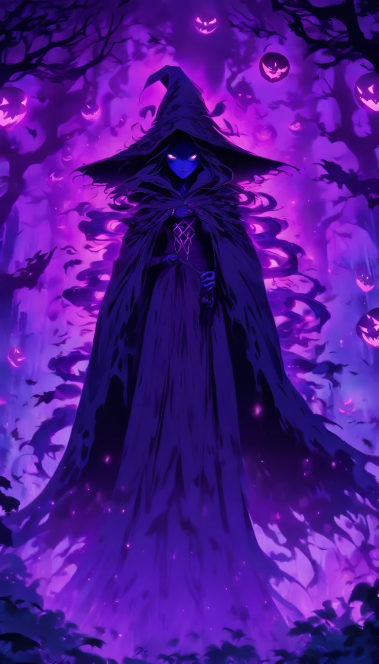 Tags: poisonous evil witch, terrible glowing purple spells, neon green, purple, dark atmosphere, spooky, eerie, sinister, magical, glowing eyes, long crooked nose, flowing black robes, enchanted forest, misty, haunting, foggy, creepy creatures, bats, spiders, eerie moonlight, twisted trees, ominous shadows, witch's cauldron, bubbling potion. (best quality, 4k, highres), ultra-detailed, realistic, portraits, dark fantasy, vivid colors, moody lighting.