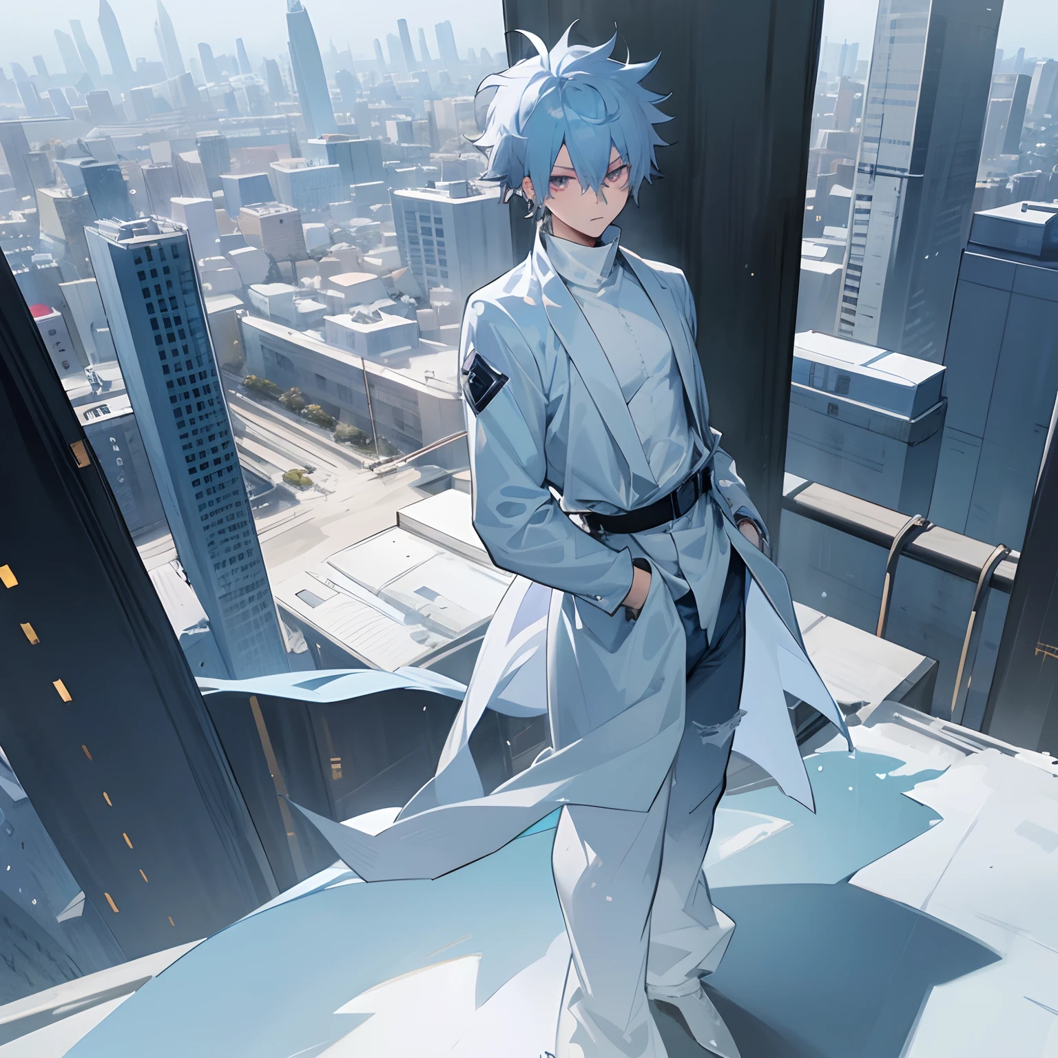 Greyish Blue hair , medium length hair , white modern turtleneck and blue jeans , Jujutsu Kaisen , glowing Gold eyes , city setting, standing, 1male , spiky hair , messy hair , white clothing , lean build