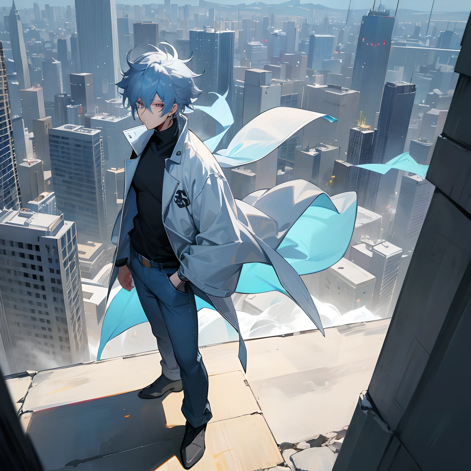 Greyish Blue hair , medium length hair , white modern turtleneck and blue jeans , Jujutsu Kaisen , glowing Gold eyes , city setting, standing, 1male , spiky hair , messy hair , white clothing , lean build