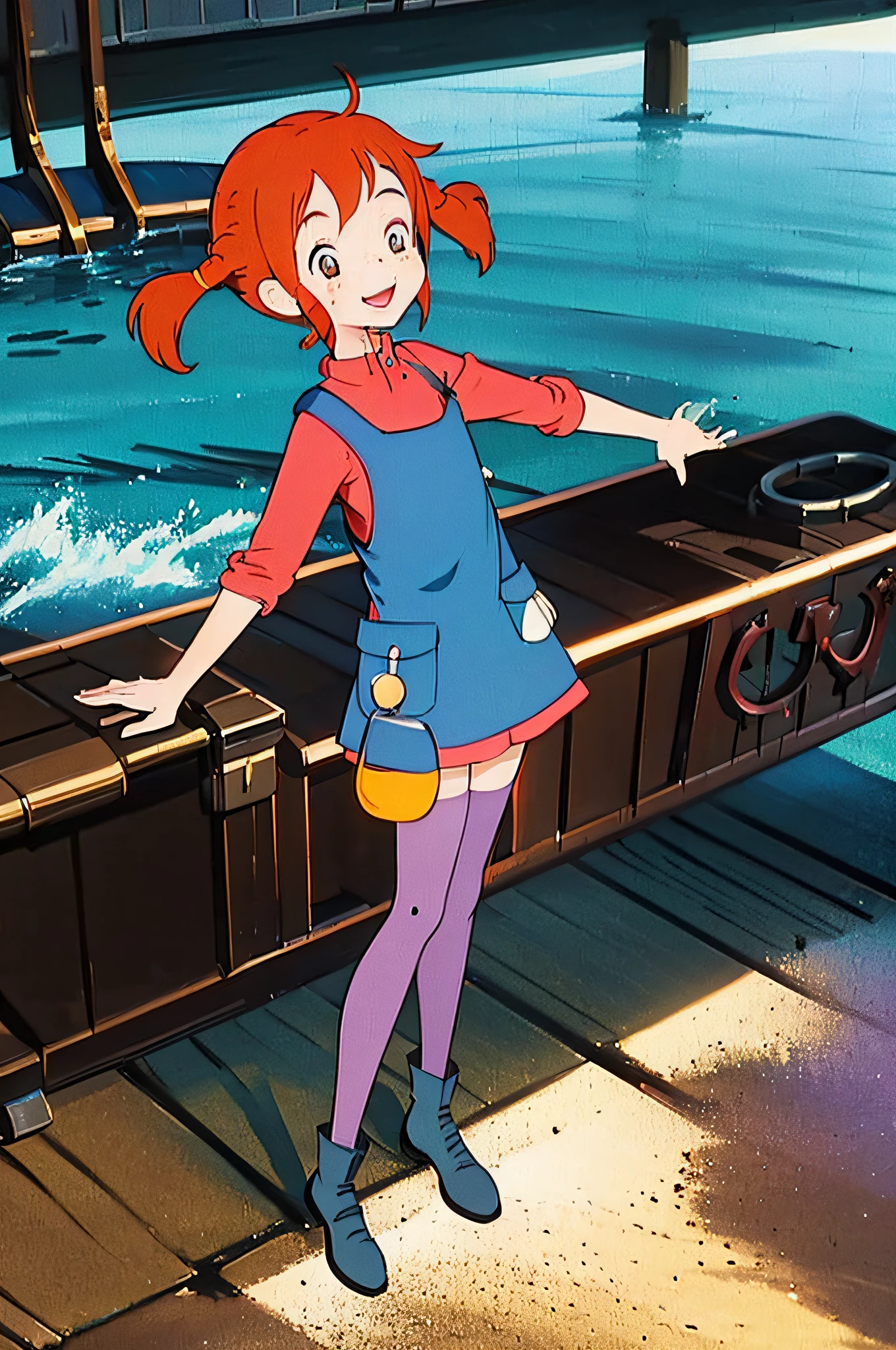 Solo,1girl,pippI,human,stand,freckles,blue apron,Stockings,red hair,sea,long pigtails, small body, cute face, big eyes, big smile