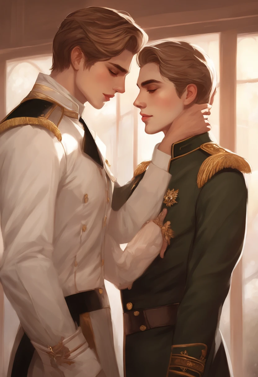 a couple of people in uniform hugging each other in a room, edmund blair and charlie bowater, beautiful androgynous prince, two anime handsome men, delicate androgynous prince, sakimichan and frank franzzeta, highly detailed exquisite fanart, petros and leonid, official art, jc leyendecker!! phil hale!, official fanart, official illustration