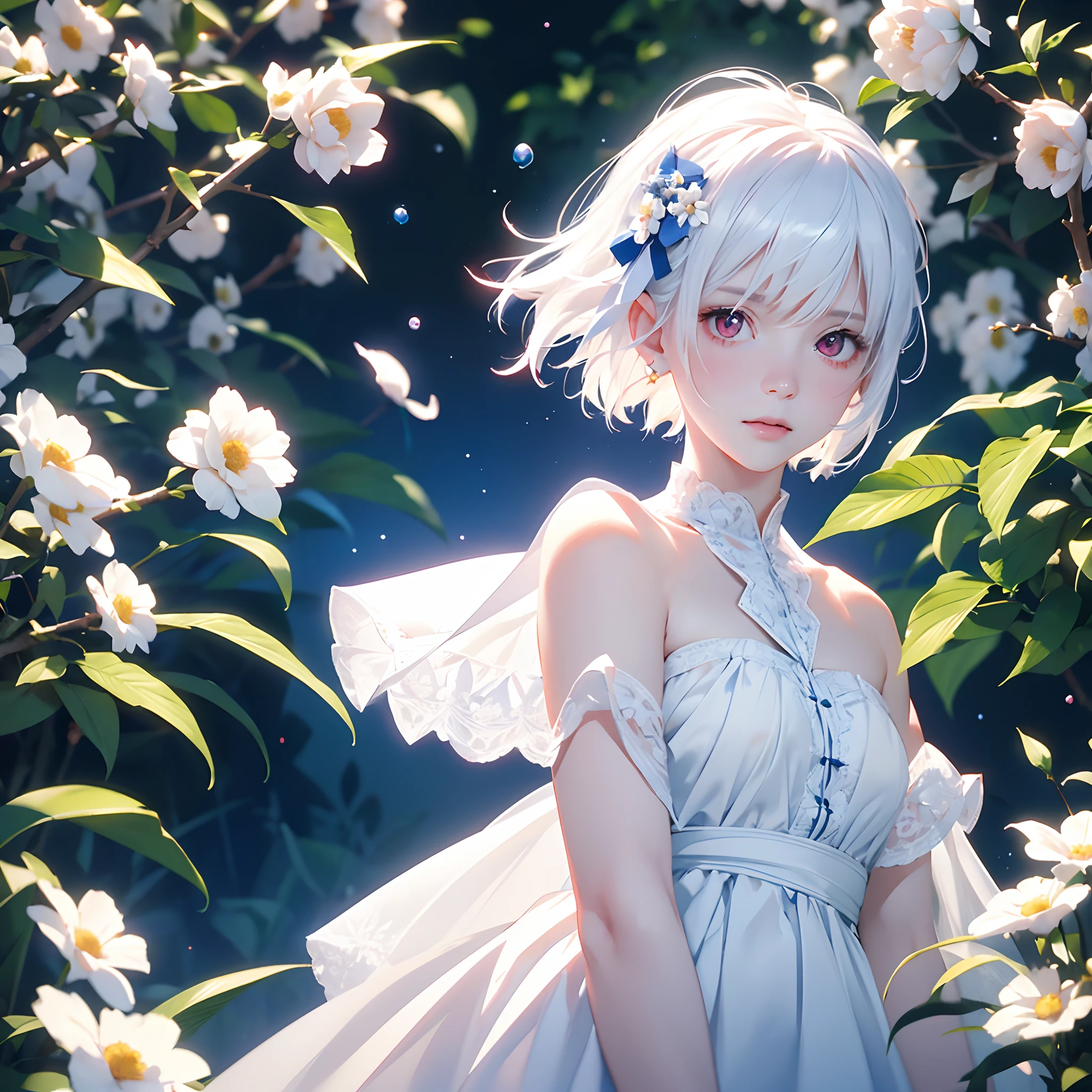 1girl,Albino, cute, white hair, short hair, beautiful, long hair,red eyes, wearing a white and blue dress, hair with a ribbon, background flower garden, bubble light sparkling, twilight((8k, UHD, ultra realistic))