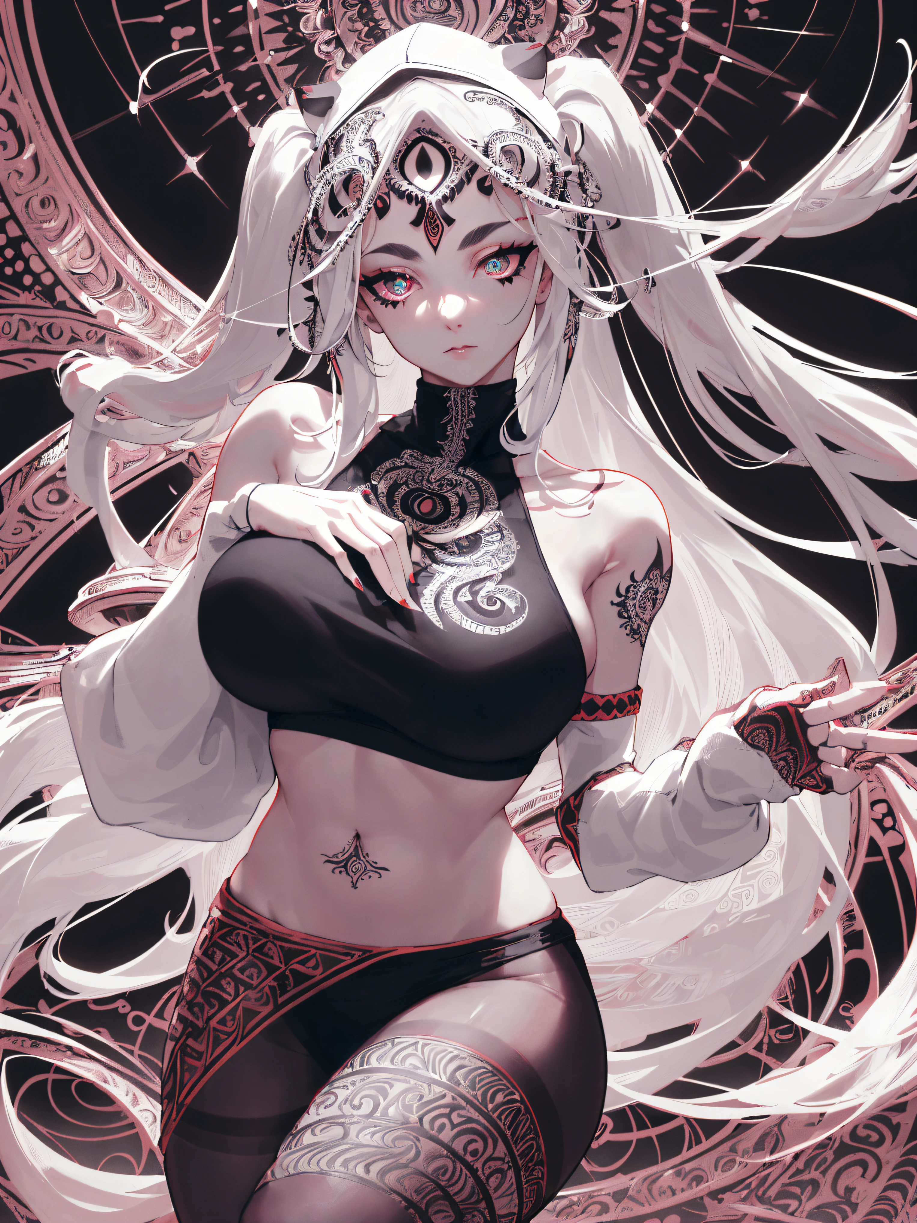 a topless female gothic model (massive breasts, full lips, cleavage, transparent clothing) with grey eyes and red braided hair, wearing a white tuxedo jacket, in the style of hyper-realistic sculptures, yellow and purple, dc comics, romantic academia, aurorapunk, loose gestures intricately detailed, intricately textured, color depth, dramatic lighting, bold Japanese kanji signs backdrop