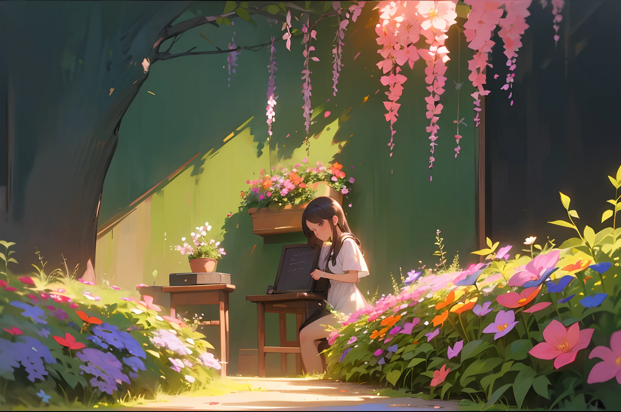 On a beautiful morning, The teacher on his back holds chalk and writes on the blackboard. The blackboard is filled with colorful chalk words. The scene is illuminated by the warm glow of the rising sun, Charming background in orange and pink tones.Light,in a beautiful garden,A variety of flowers and plants are in full bloom.,The garden is soft,vibrant with colors.,The garden has manicured hedges and neatly arranged flower beds. The whole scene is full of serenity and artistry, The highest standard of image quality, With excellent detail and clarity. The lighting in the scene is perfectly balanced, Emphasis on teachers and blackboards, It also highlights the natural beauty of the flowers and the warm glow of the sun. This masterpiece combines traditional illustration techniques with modern digital rendering, Produce a unique and captivating artistic style. The colors in the image are vivid and vivid, The overall lighting creates a soft and diffuse atmosphere,。
