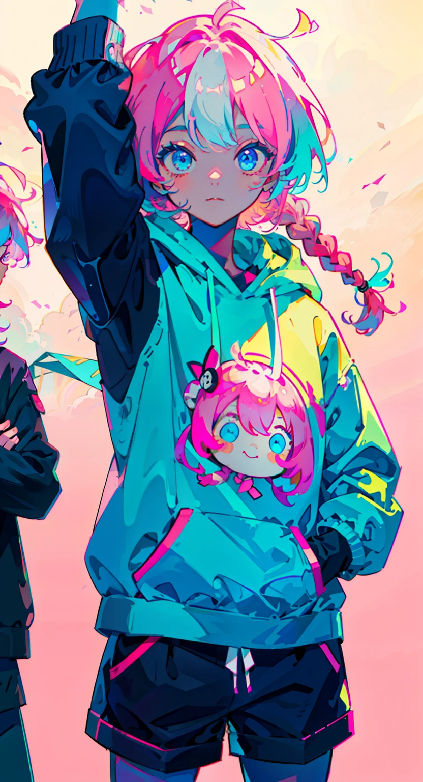girl in pink long hair, cute, cool pose, selfie, masterpiece, highly detailed, best quality, sharp focus, soft lighting, limited color palette, pastel colors, cute, ((kawaii)), dark skin,
(Panchen: 1.3), smile, solo,
dark brown hoodie, blue shorts,
Pink eyes, (pink hair: 0.6), (blue hair: 0.8), (gradient hair: 0.6), short hair, Bratis