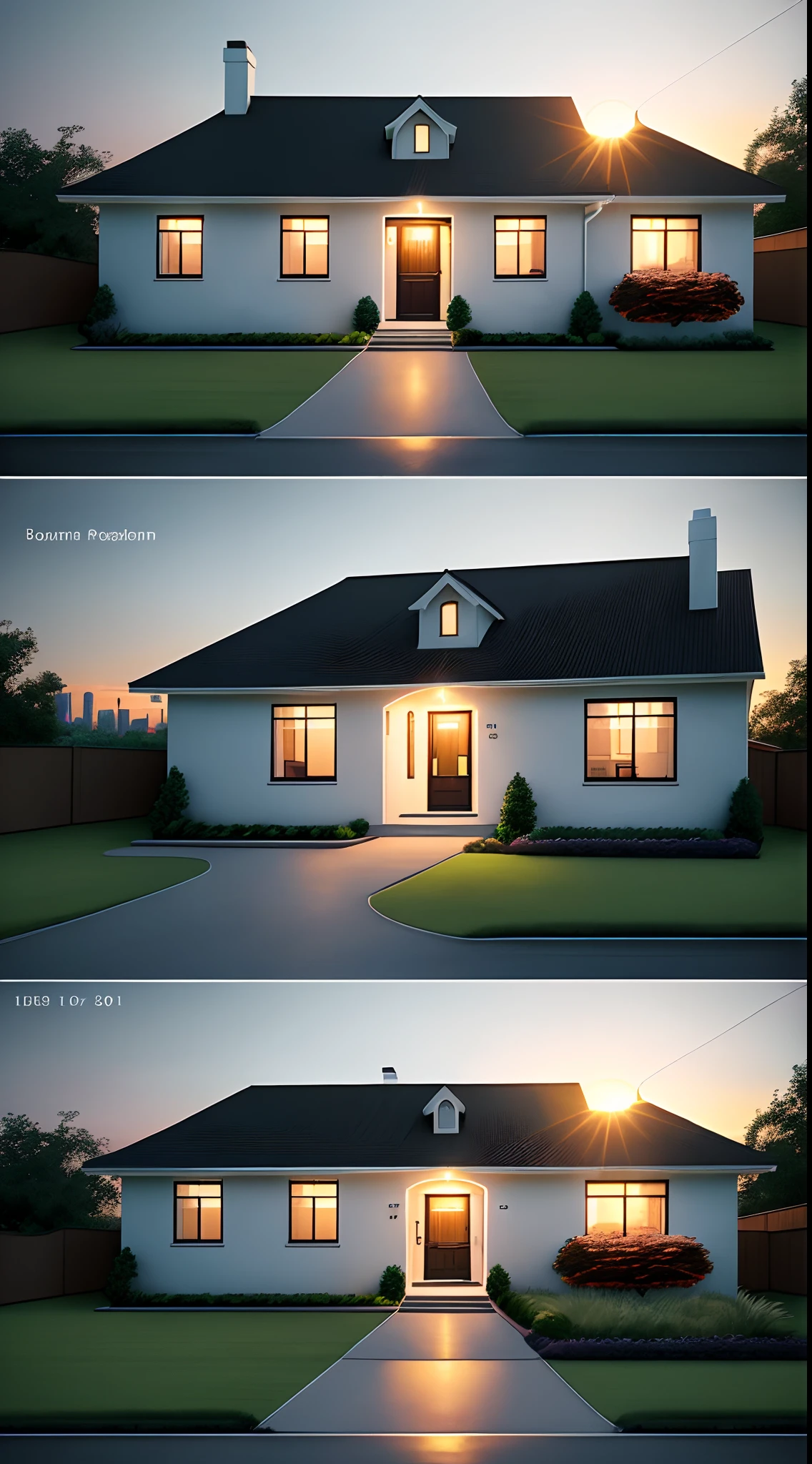 an image depicts a beautiful, well-maintained home situated on a lush green lawn with a picturesque view of the city skyline in the background. The house has a white exterior with a black roof and a large porch. The sun is setting in the distance, casting a warm glow over the scene.