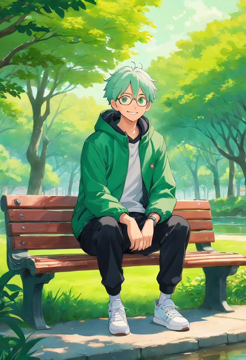 The man is smiling on a park bench, he is wearing a green jacket, he is wearing black trousers, he is wearing white sneakers, he has short green hair, he has green eyes, he is in river bank, clear sky and clouds, good lighting, cool morning breeze, very realistic, extremely detailed