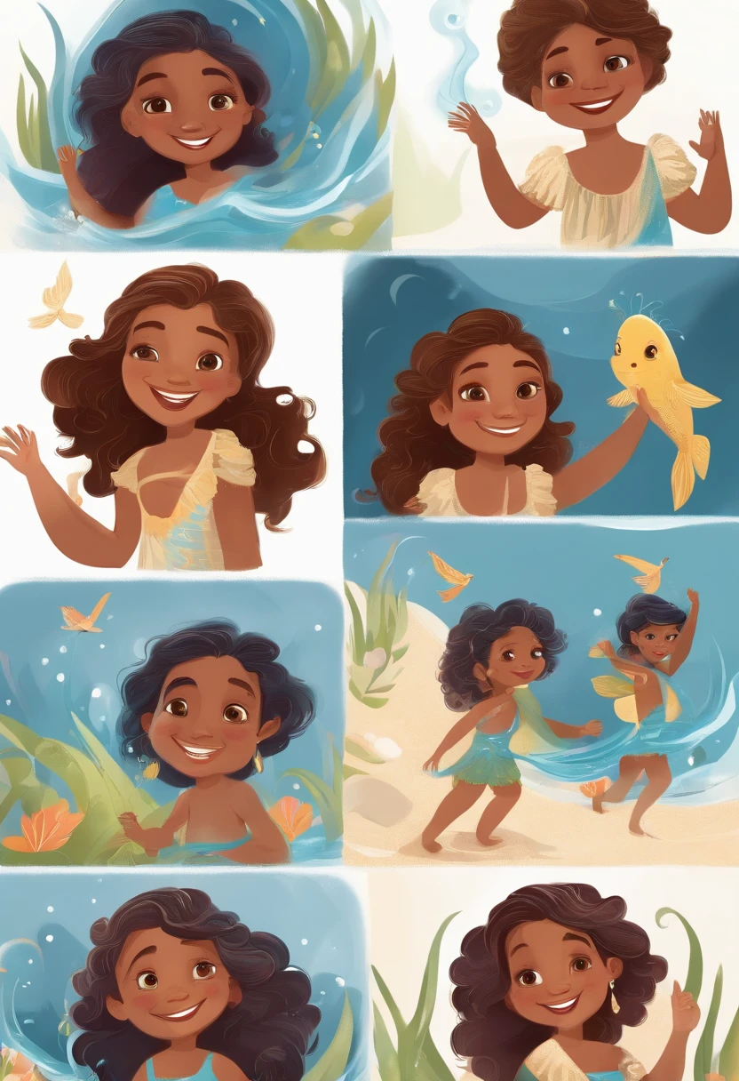 As aventuras da sereia corajosa, various poses and expressions on white background, children's book ilustration style, simples, fofo, 6 anos, cores, cabelo azul.
