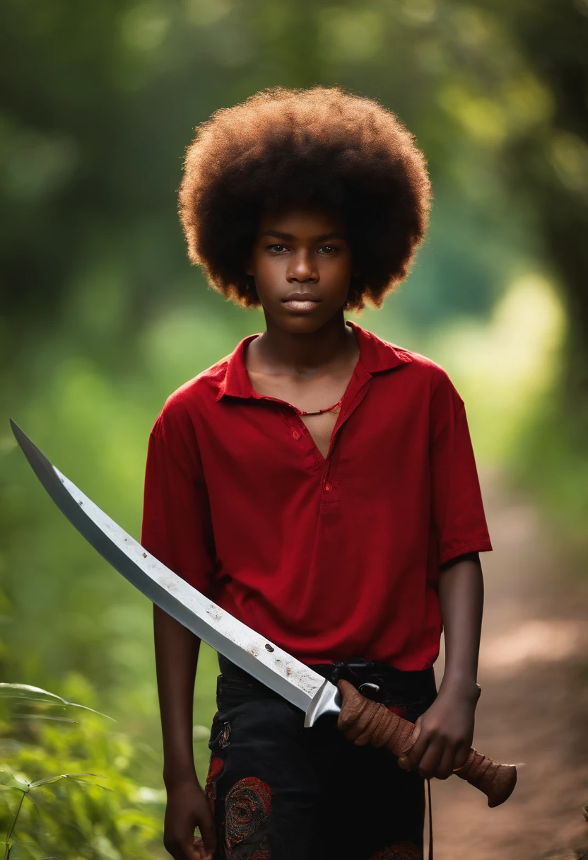 A boy between 15 and 16 years old wearing a red shirt, afro hair, holding a machete with blood
