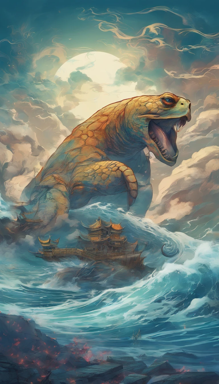 China-style,Chinese mythology,Dragon turtle,Longhorn faucet,Turtle body,Heavy tortoiseshell shell,The tail of the snake grows out,has horns on its head,tosen,Ferocious,gargantuan,The eyes glow blue light,the sea,Huge waves,surrounded by cloud,中景 the scene is,Full body like, highly detailed surreal vfx,oc rendered, - AR 16:9 --q 2 --s 1000