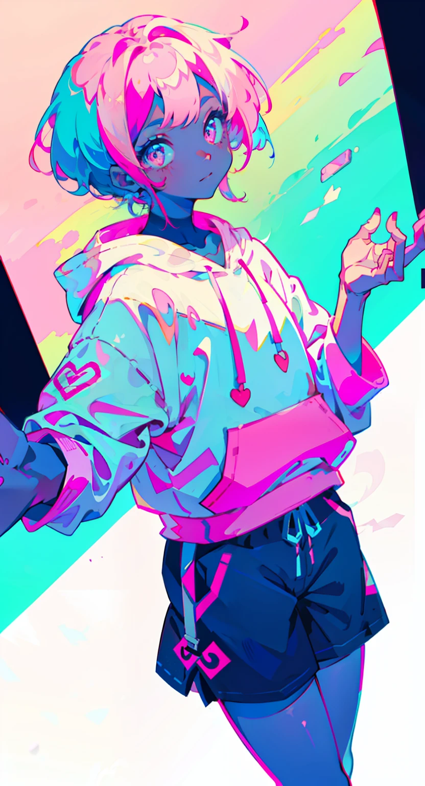 girl in pink long hair, cute, cool pose, selfie, masterpiece, highly detailed, best quality, sharp focus, soft lighting, limited color palette, pastel colors, cute, ((kawaii)), dark skin,
(Panchen: 1.3), smile, solo,
dark brown hoodie, blue shorts,
Pink eyes, (pink hair: 0.6), (blue hair: 0.8), (gradient hair: 0.6), short hair, Bratis
